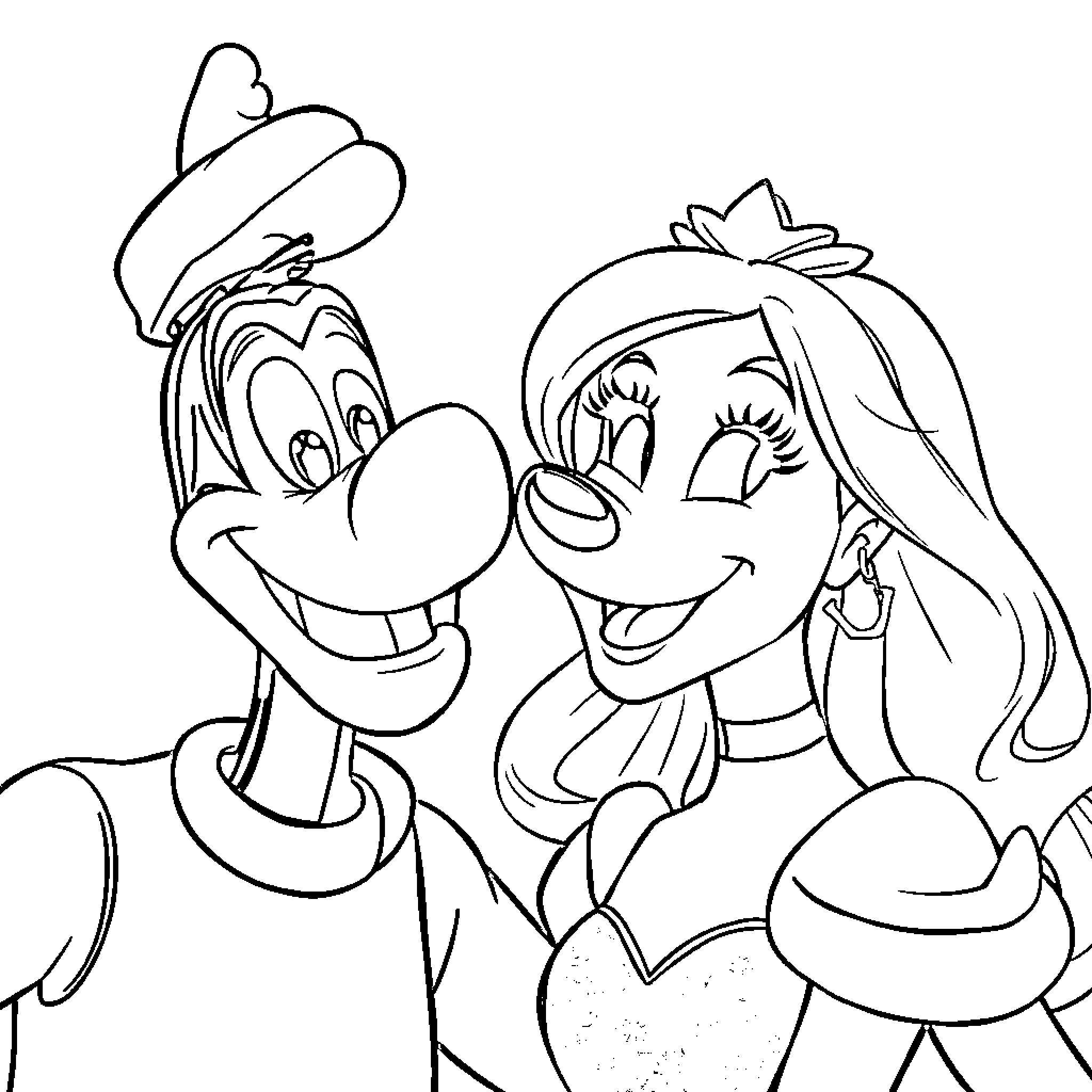Goofy cartoon characters happily posing together Coloring Page (free black-and-white line drawing printable PDF for all, from beginners to advanced learners, including children, teens, adults, and seniors)