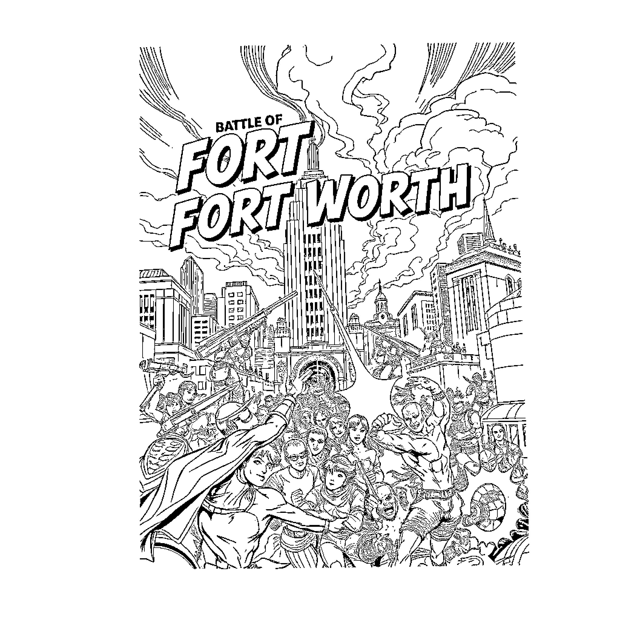 Battle of Fort Worth: Chaotic Urban Clash Coloring Page (free black-and-white line drawing printable PDF for all, from beginners to advanced learners, including children, teens, adults, and seniors)