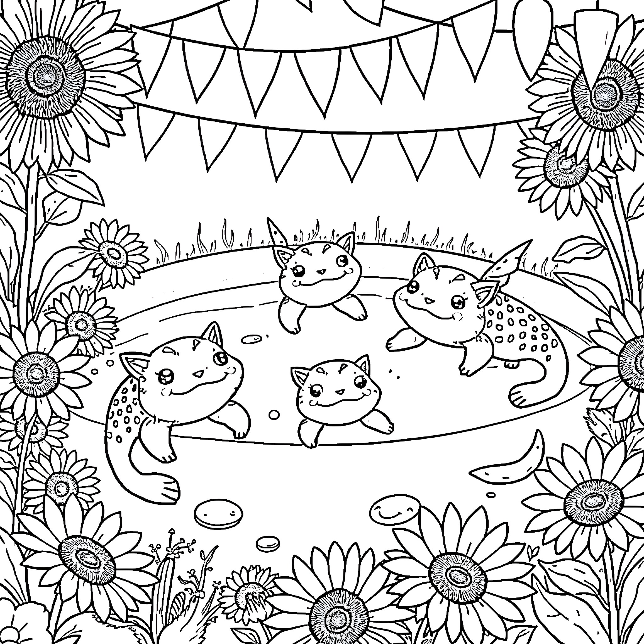 Axolotls playing in a festive garden Coloring Page (free black-and-white line drawing printable PDF for all, from beginners to advanced learners, including children, teens, adults, and seniors)