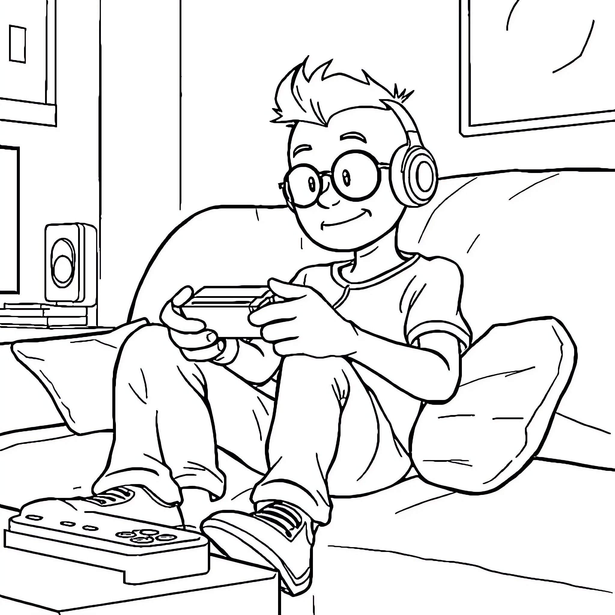 Minute Man gaming with headphones and controller Coloring Page (free black-and-white line drawing printable PDF for all, from beginners to advanced learners, including children, teens, adults, and seniors)