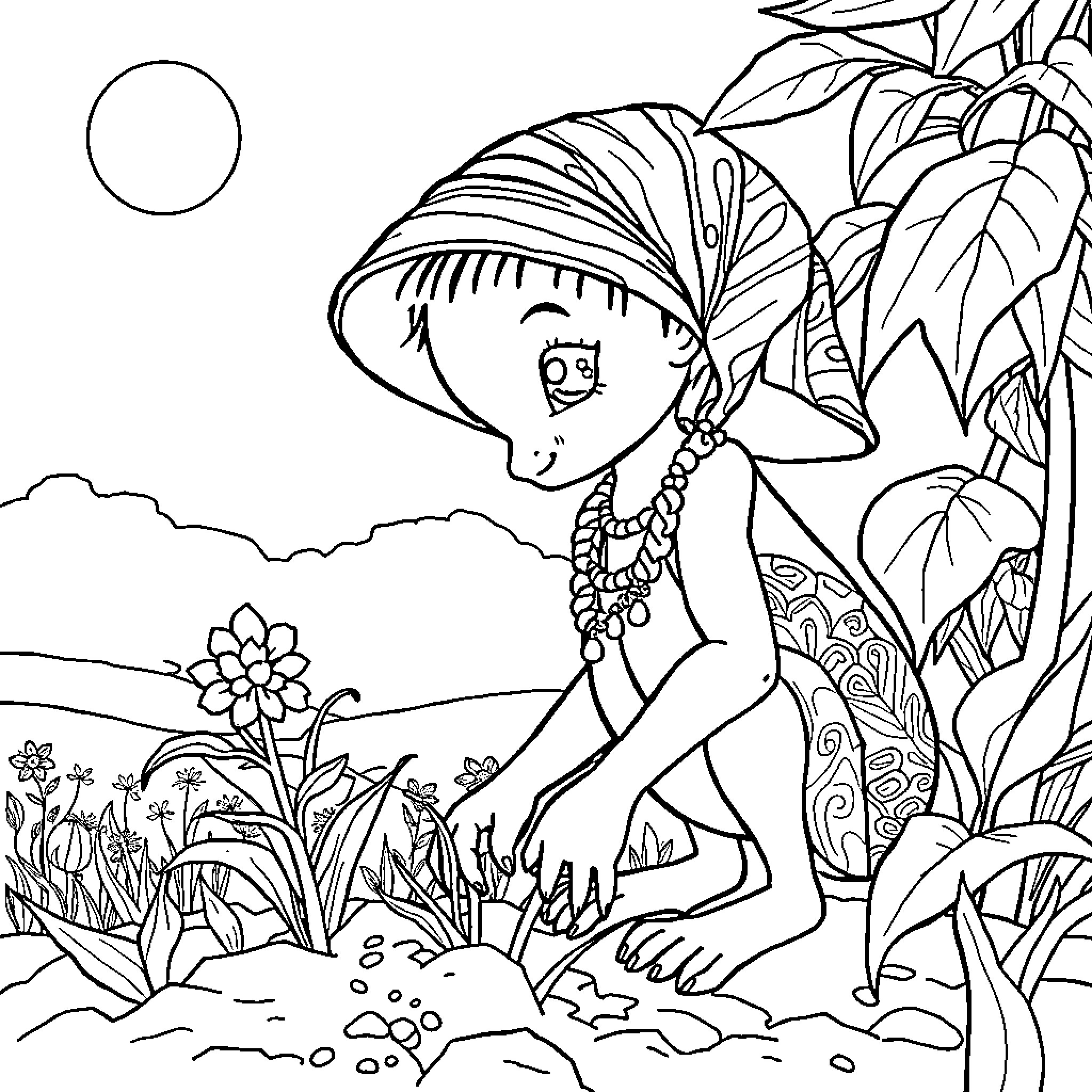 Chica explores the enchanting jungle landscape Coloring Page (free black-and-white line drawing printable PDF for all, from beginners to advanced learners, including children, teens, adults, and seniors)