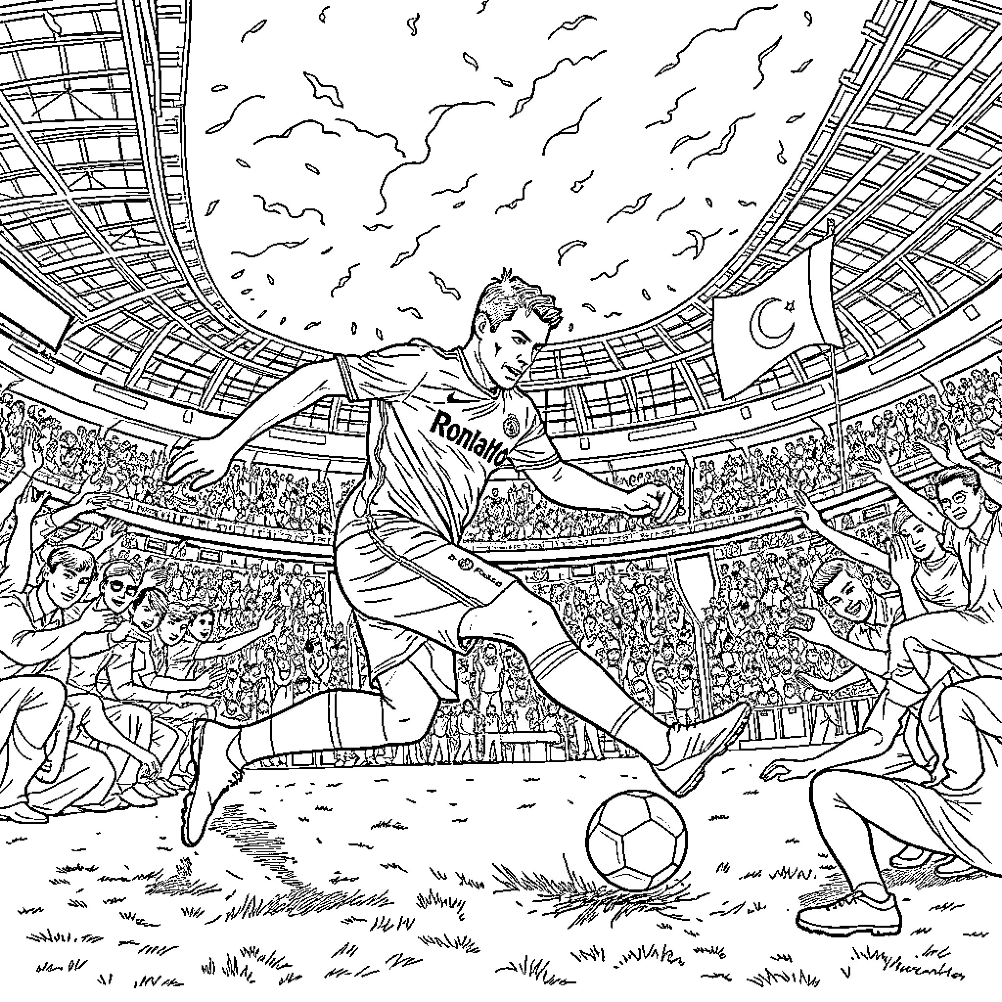 Cristiano Ronaldo Dominating the Soccer Field Coloring Page (free black-and-white line drawing printable PDF for all, from beginners to advanced learners, including children, teens, adults, and seniors)