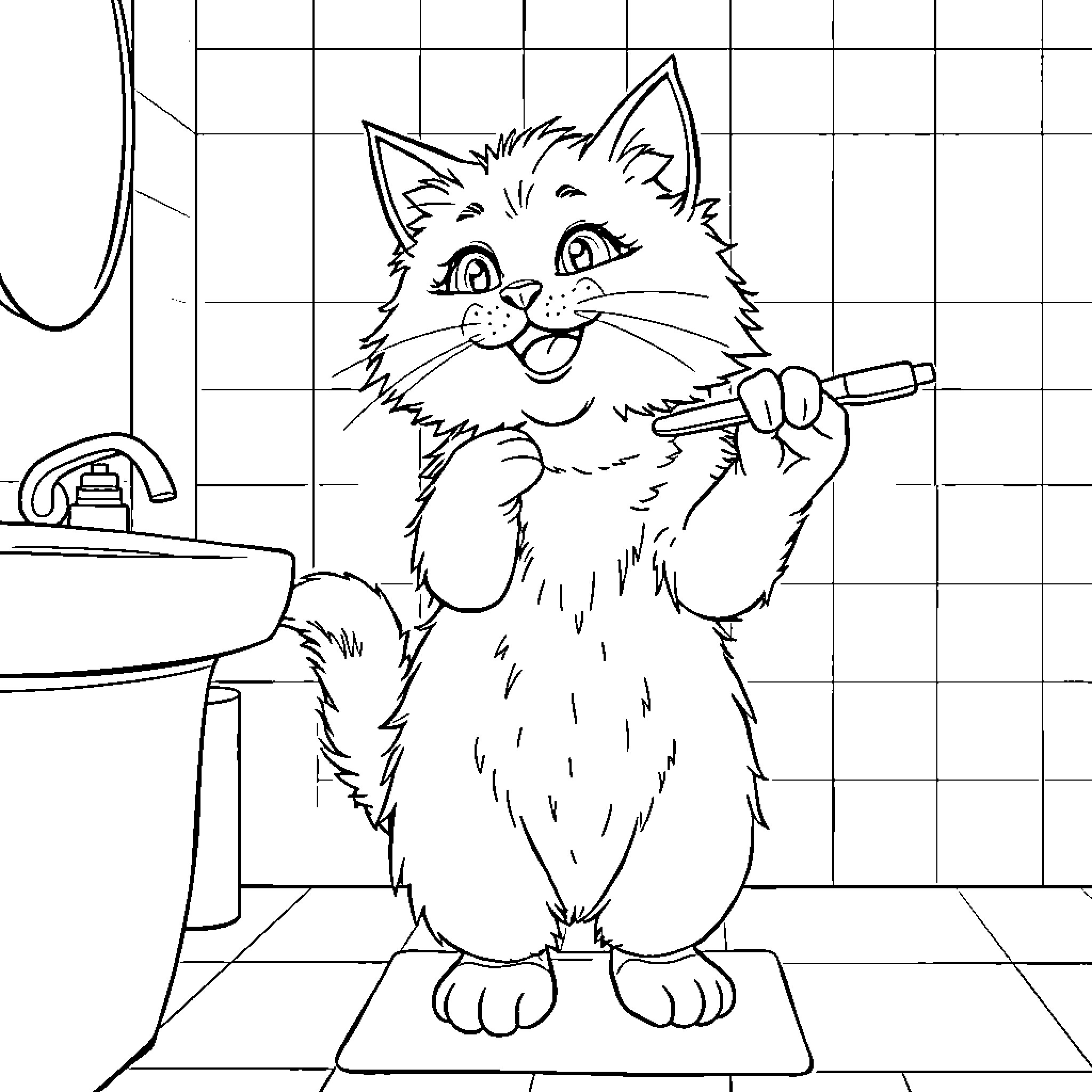 Cat brushing teeth in bathroom Coloring Page (free black-and-white line drawing printable PDF for all, from beginners to advanced learners, including children, teens, adults, and seniors)