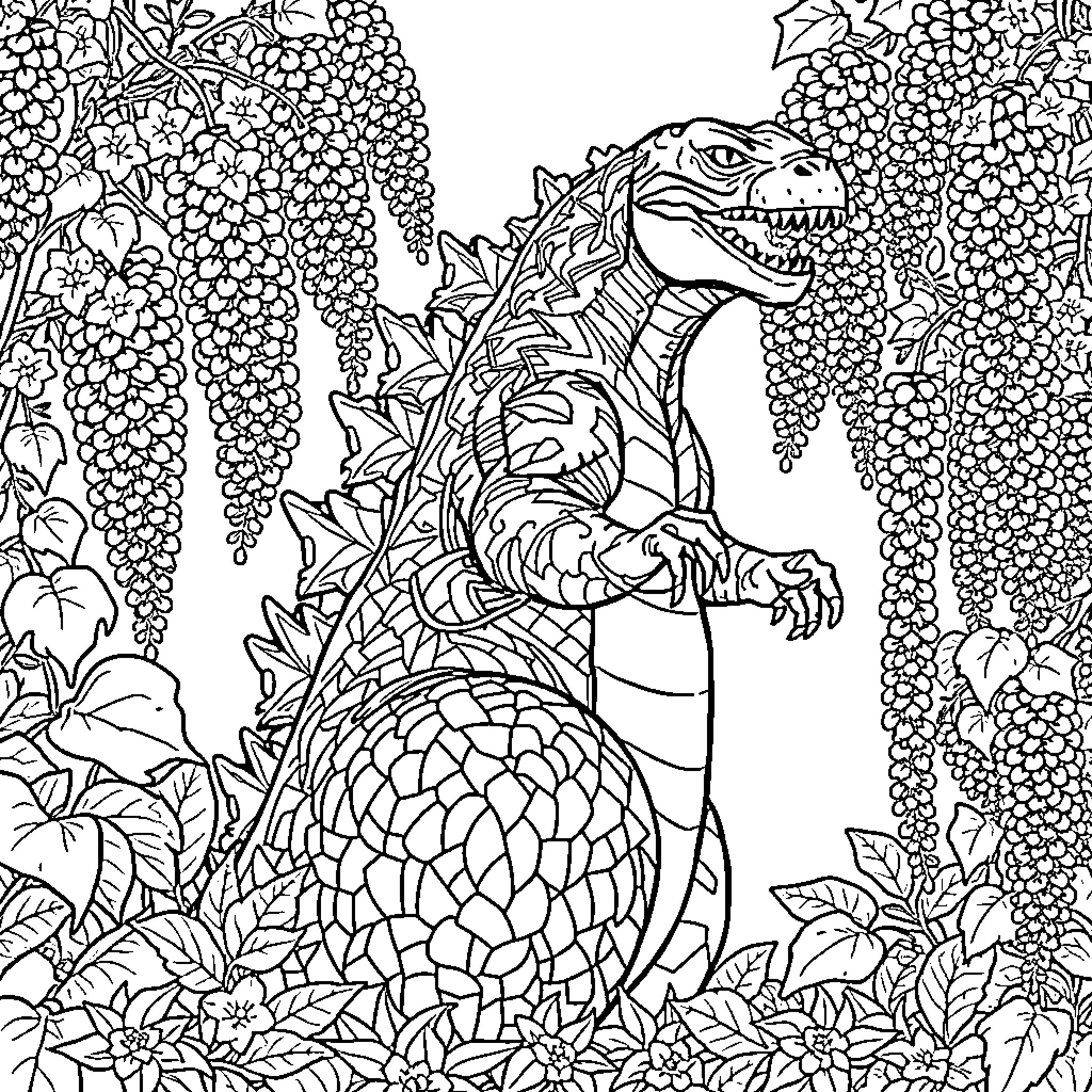 Godzilla emerges from a lush, floral landscape Coloring Page (free black-and-white line drawing printable PDF for all, from beginners to advanced learners, including children, teens, adults, and seniors)