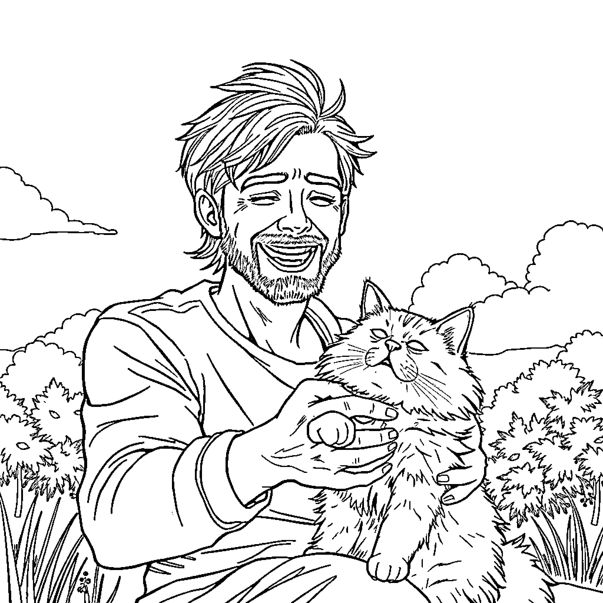 Man smiling and holding a cat in a nature setting Coloring Page (free black-and-white line drawing printable PDF for all, from beginners to advanced learners, including children, teens, adults, and seniors)