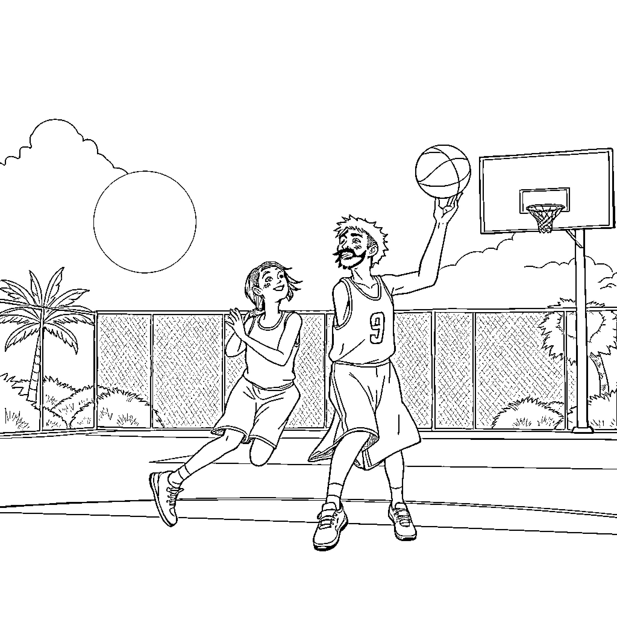 Rumi's Energetic Basketball Game Coloring Page (free black-and-white line drawing printable PDF for all, from beginners to advanced learners, including children, teens, adults, and seniors)