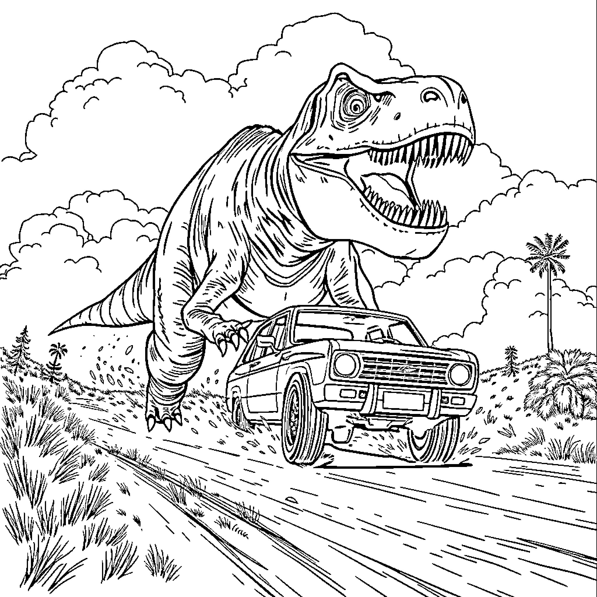 T-Rex chasing vehicle through prehistoric landscape Coloring Page (free black-and-white line drawing printable PDF for all, from beginners to advanced learners, including children, teens, adults, and seniors)