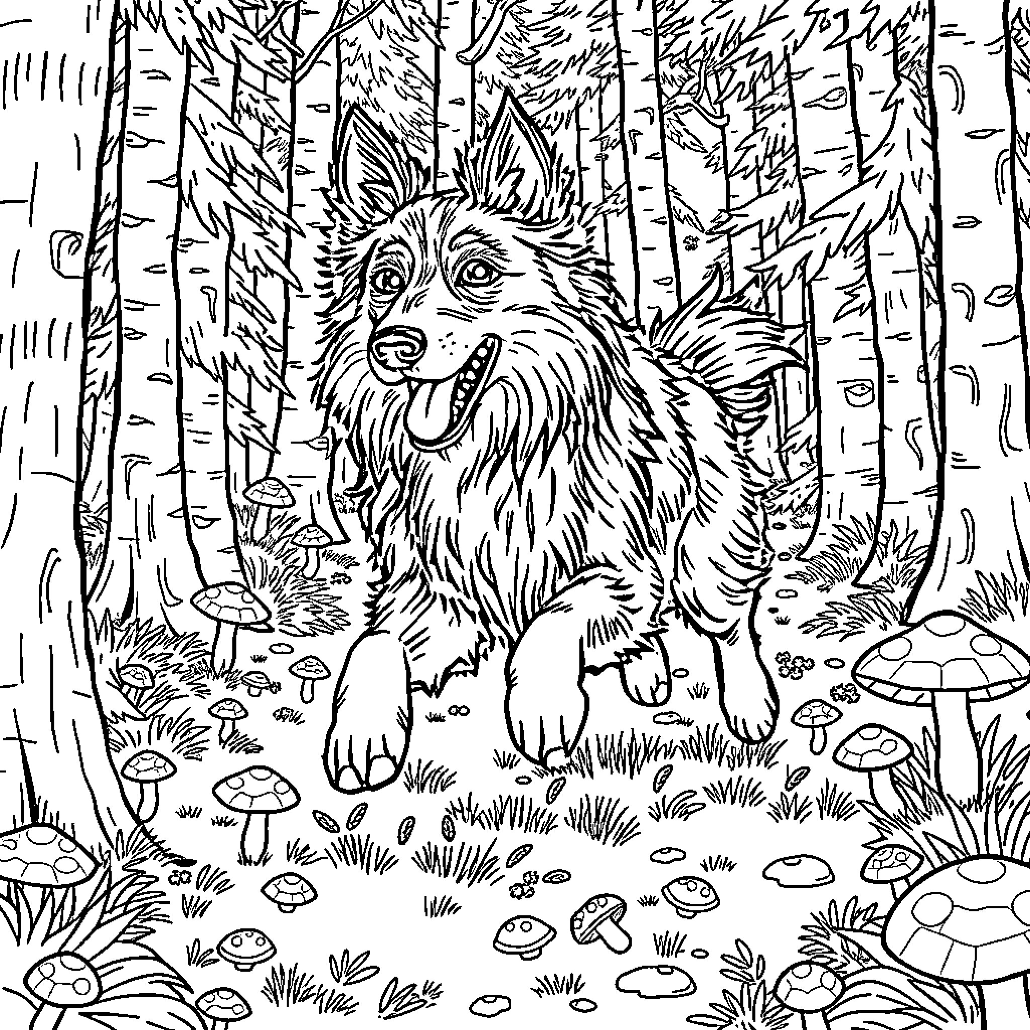 Collie exploring the enchanting forest Coloring Page (free black-and-white line drawing printable PDF for all, from beginners to advanced learners, including children, teens, adults, and seniors)