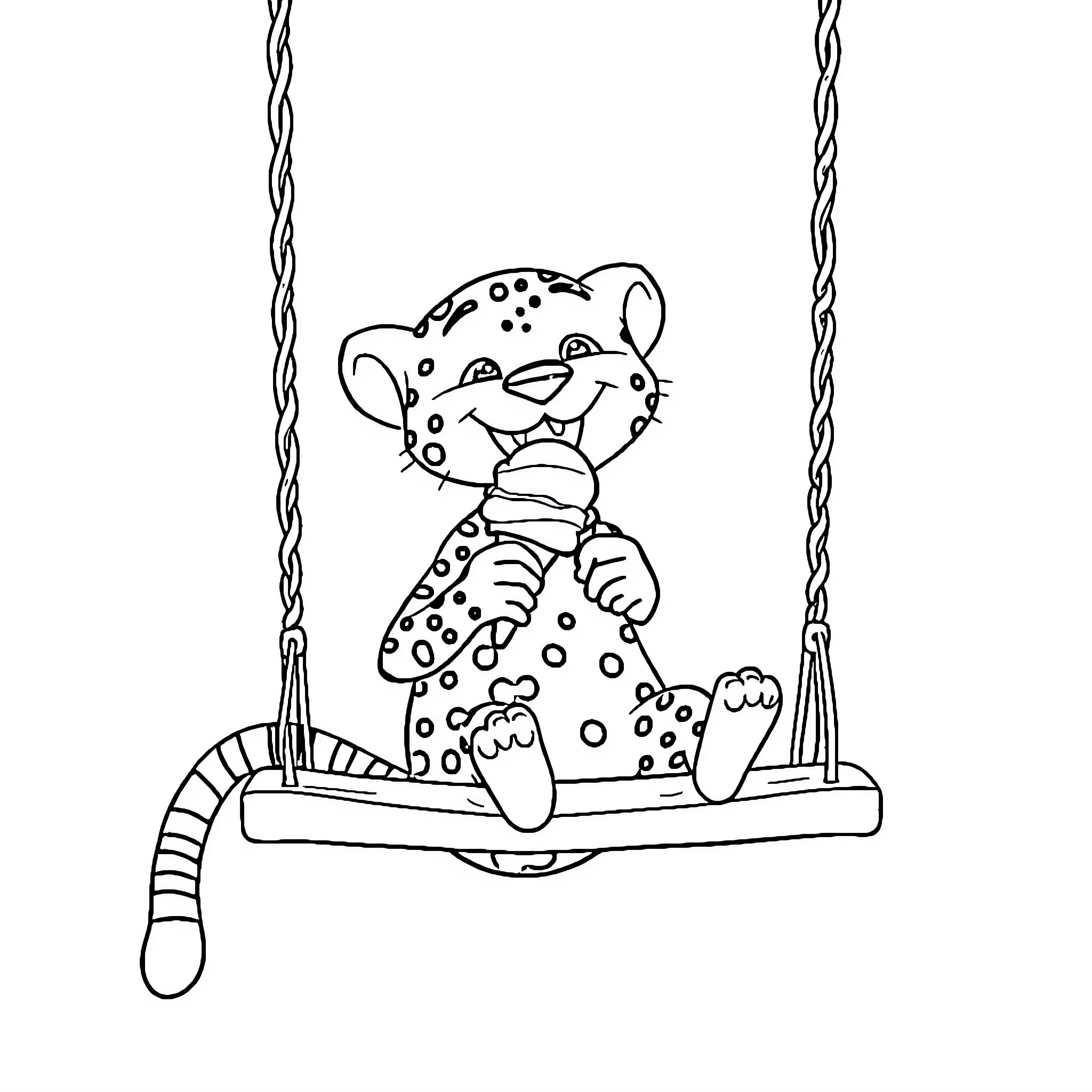 Cheetah swinging happily on a swing Coloring Page (free black-and-white line drawing printable PDF for all, from beginners to advanced learners, including children, teens, adults, and seniors)