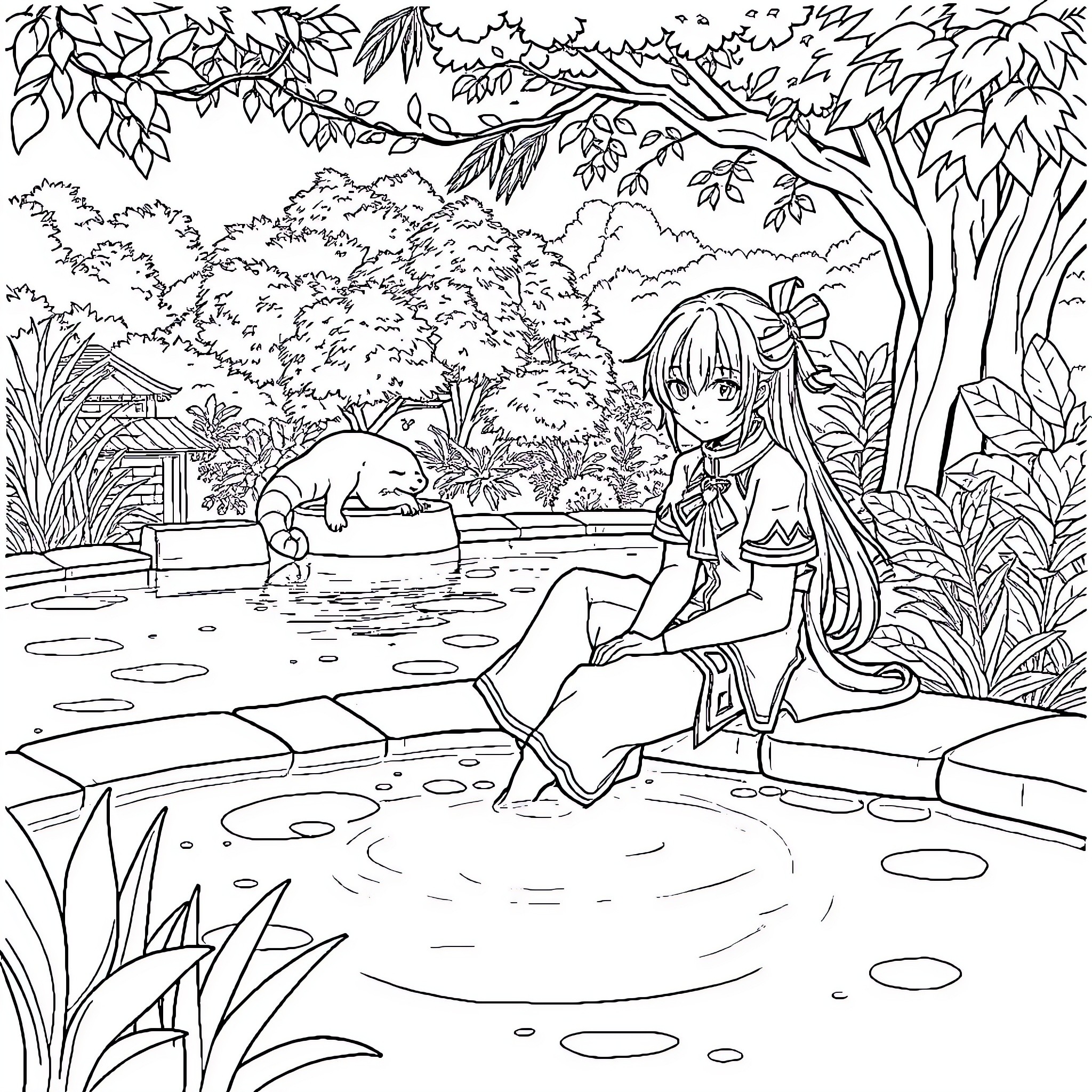 Xiao's Tranquil Oasis: A Girl's Peaceful Moment Coloring Page (free black-and-white line drawing printable PDF for all, from beginners to advanced learners, including children, teens, adults, and seniors)
