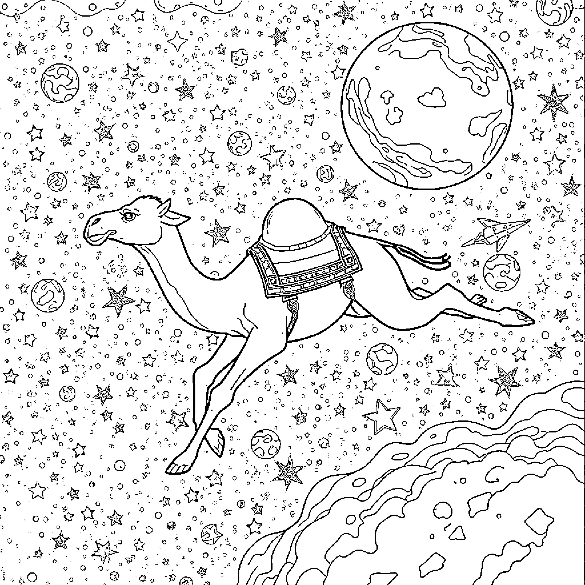 Camel Trekking Under Starry Night Sky Coloring Page (free black-and-white line drawing printable PDF for all, from beginners to advanced learners, including children, teens, adults, and seniors)
