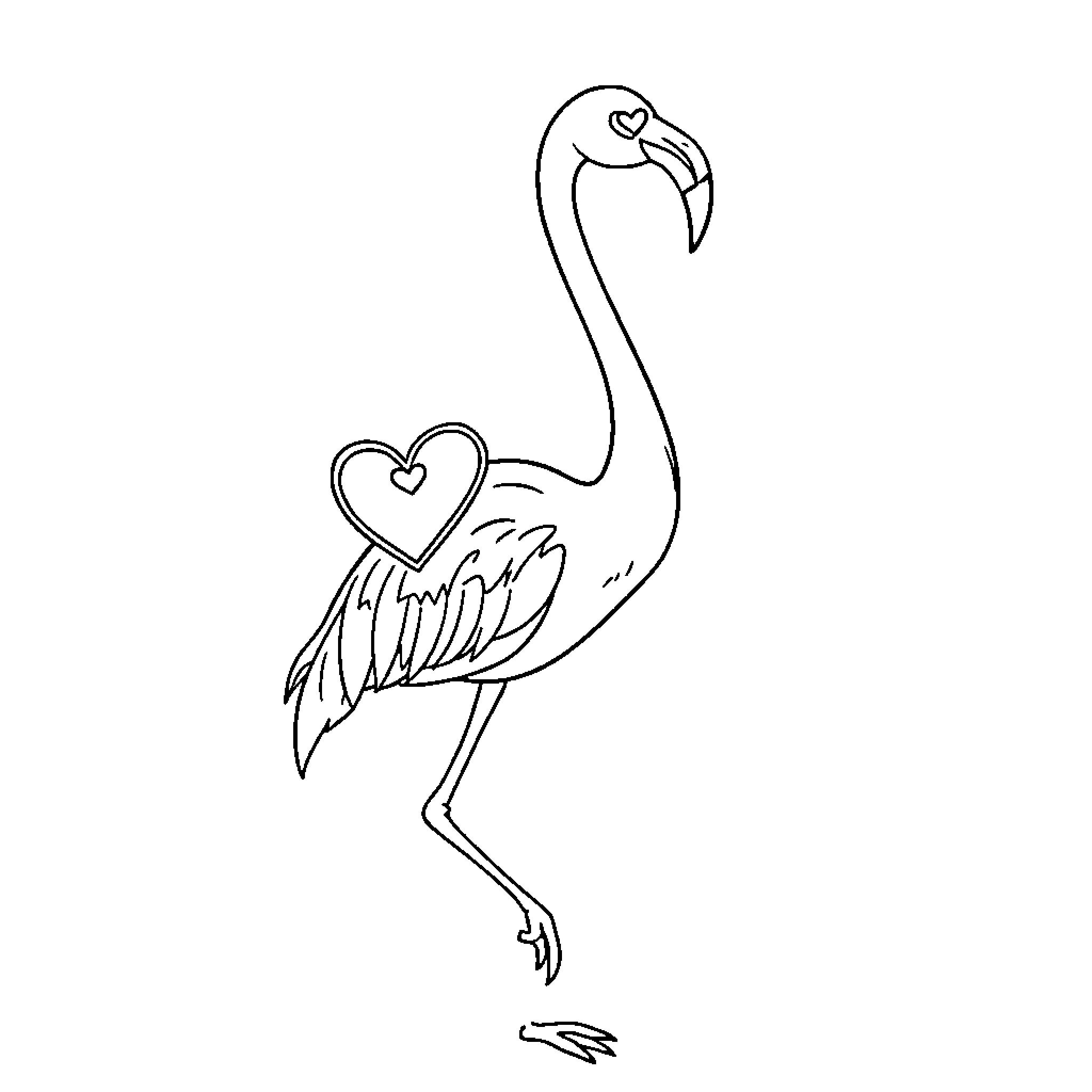 Flamingo with hearts dancing gracefully Coloring Page (free black-and-white line drawing printable PDF for all, from beginners to advanced learners, including children, teens, adults, and seniors)
