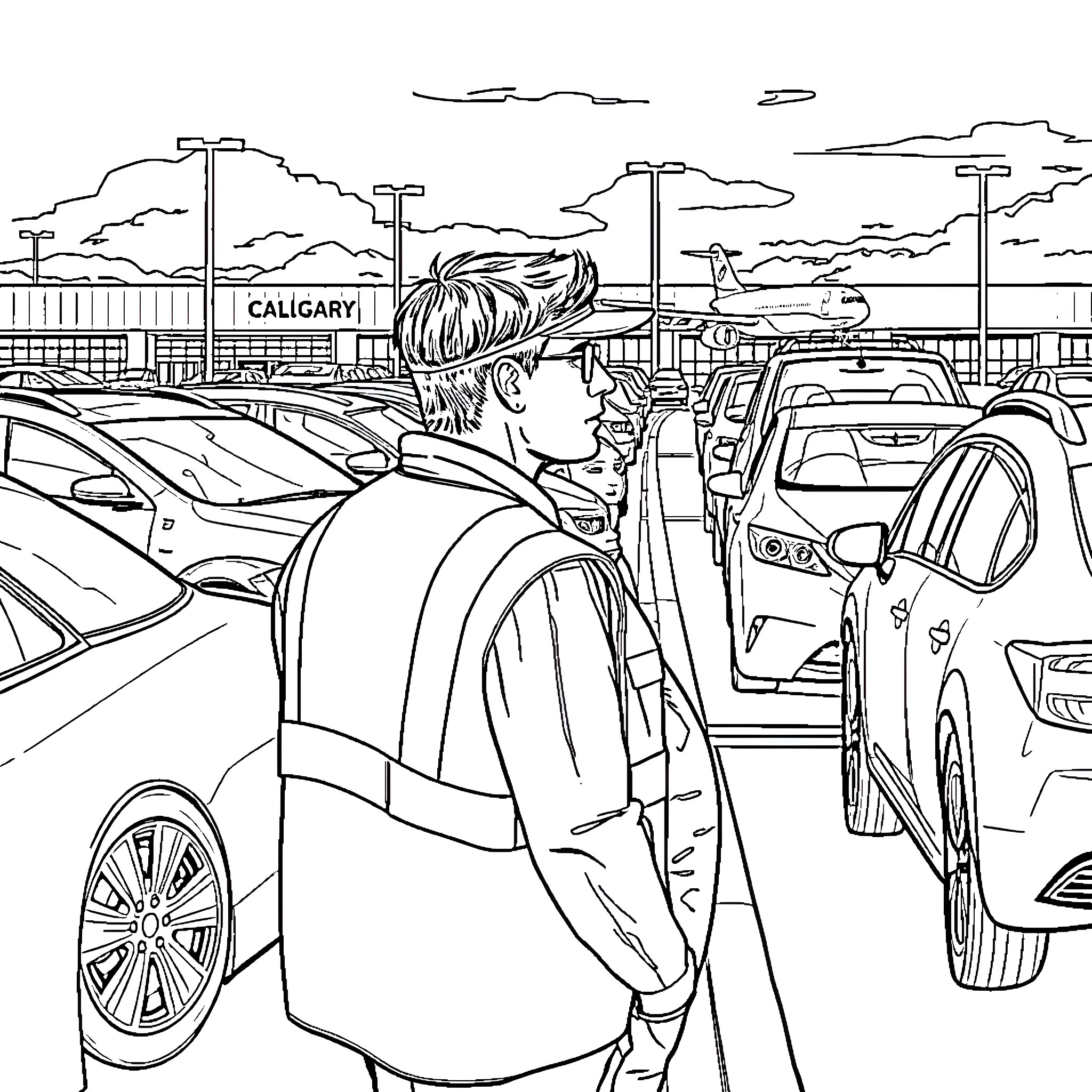 Man navigating crowded parking lot surrounded by vehicles Coloring Page (free black-and-white line drawing printable PDF for all, from beginners to advanced learners, including children, teens, adults, and seniors)