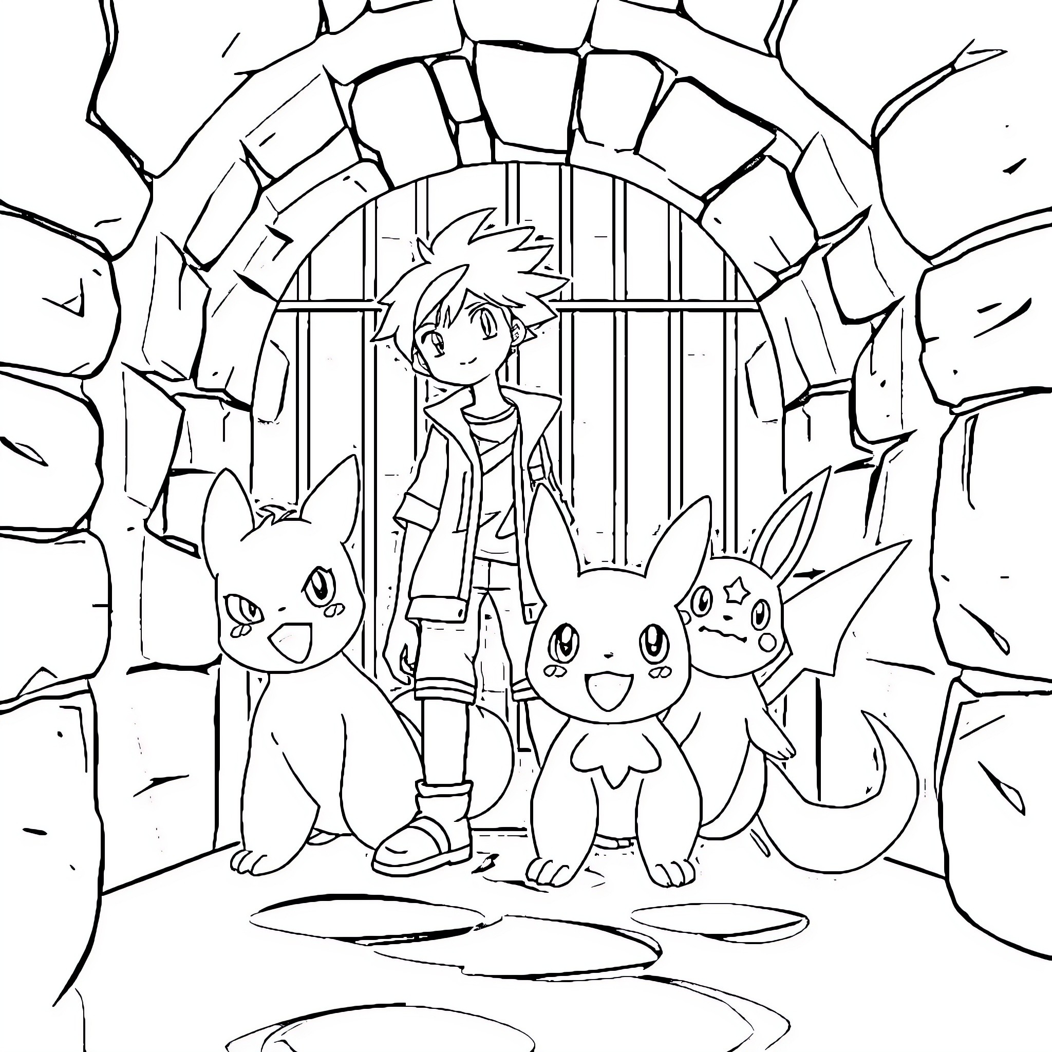 Pokemon Trainer exploring a mysterious cave with Pokemon companions Coloring Page (free black-and-white line drawing printable PDF for all, from beginners to advanced learners, including children, teens, adults, and seniors)