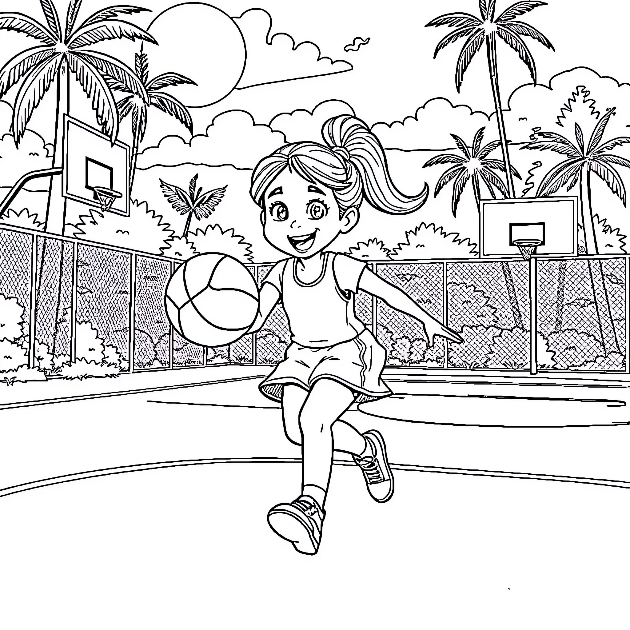 Lilo playing basketball on a tropical court Coloring Page (free black-and-white line drawing printable PDF for all, from beginners to advanced learners, including children, teens, adults, and seniors)