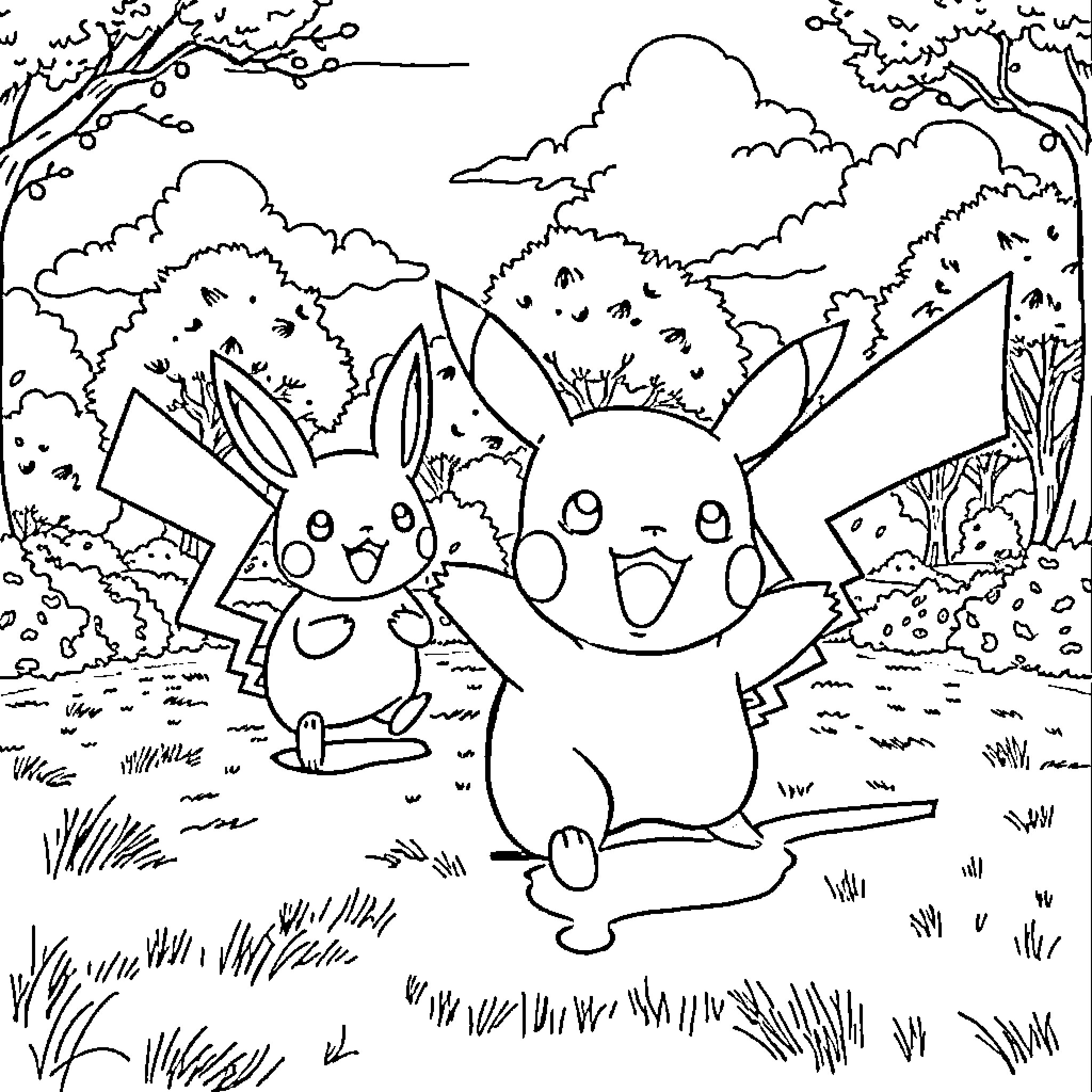 Pikachu and Pals Frolicking in the Forest Coloring Page (free black-and-white line drawing printable PDF for all, from beginners to advanced learners, including children, teens, adults, and seniors)