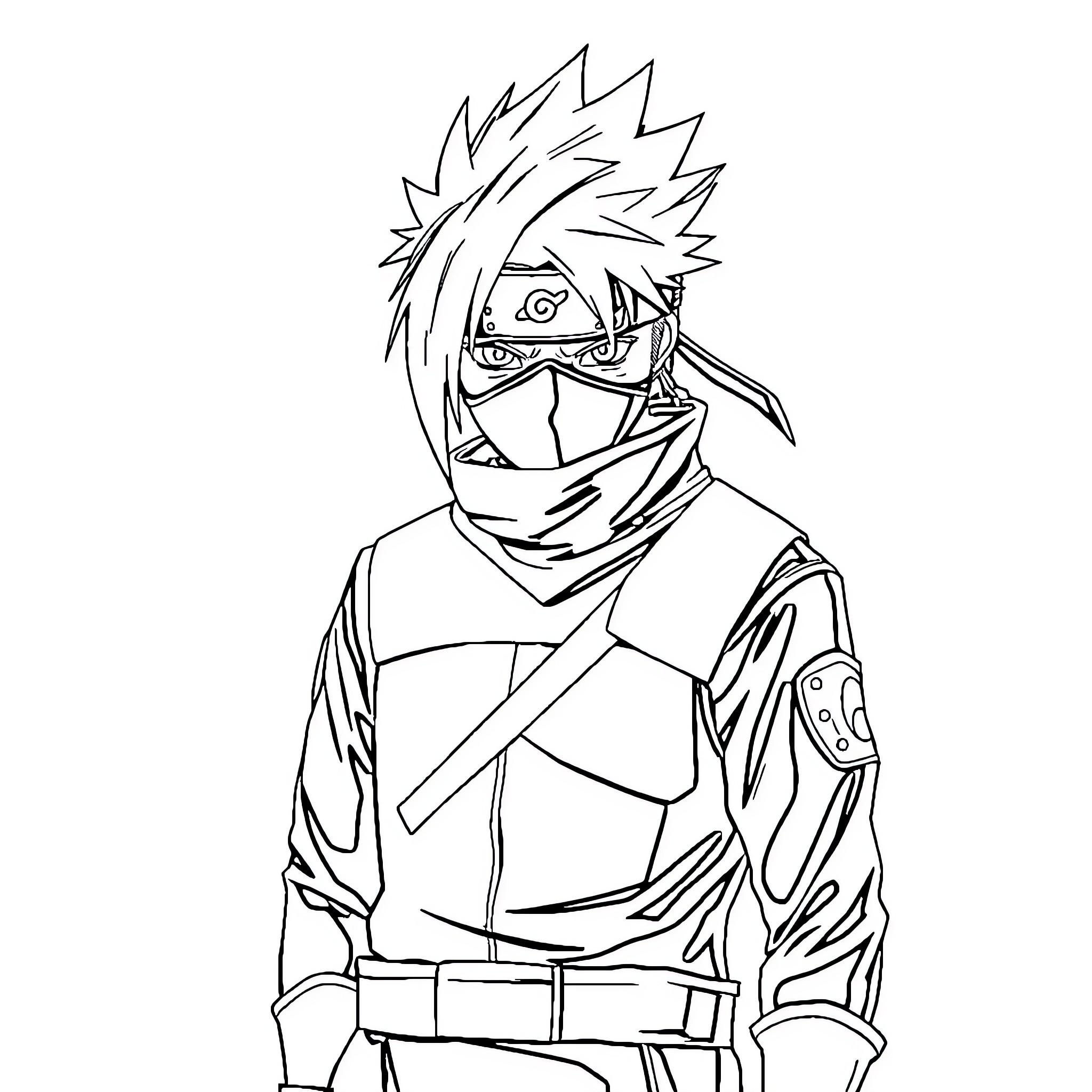 Kakashi in Ninja Attire with Mask and Headband Coloring Page (free black-and-white line drawing printable PDF for all, from beginners to advanced learners, including children, teens, adults, and seniors)