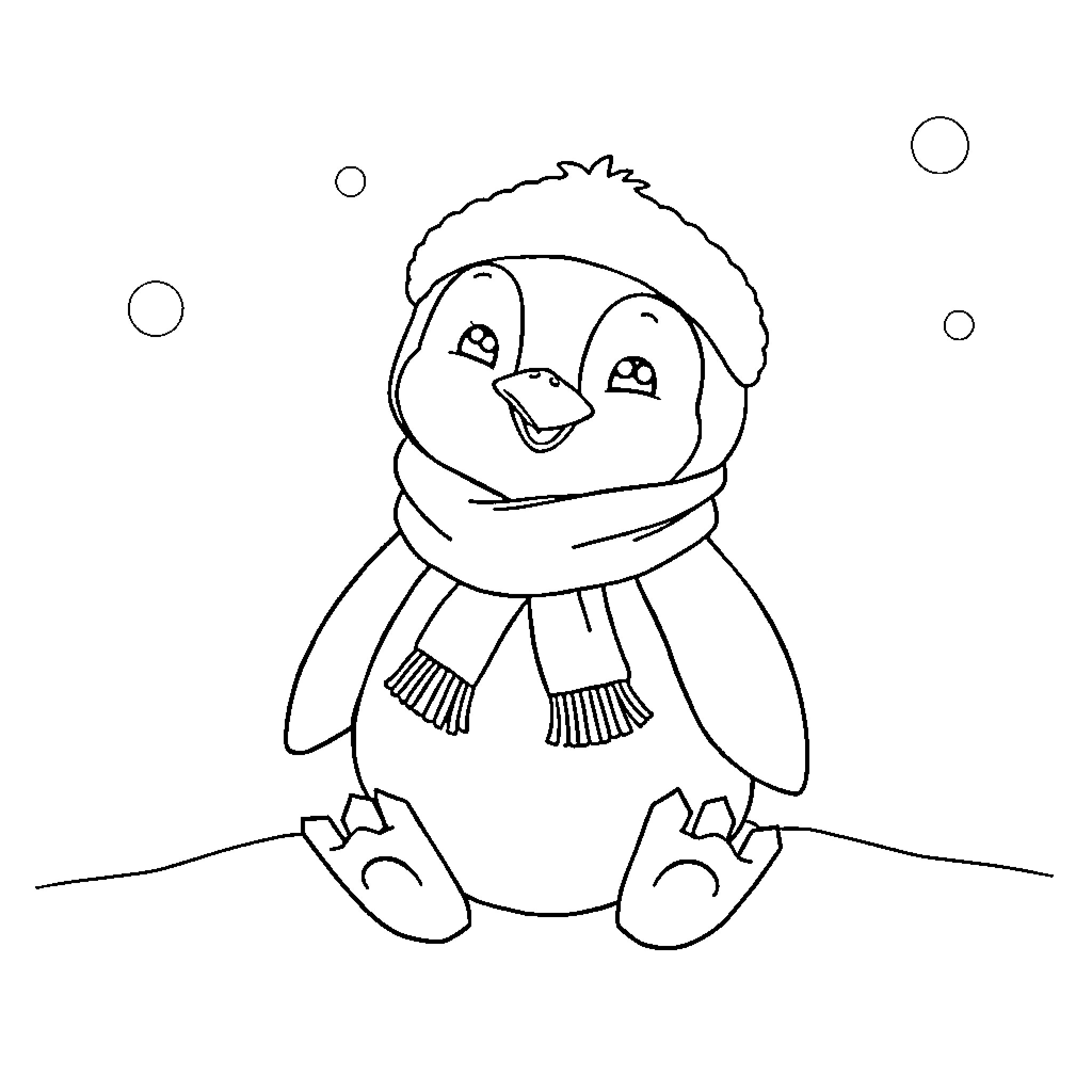 Penguin wearing a warm winter outfit Coloring Page (free black-and-white line drawing printable PDF for all, from beginners to advanced learners, including children, teens, adults, and seniors)