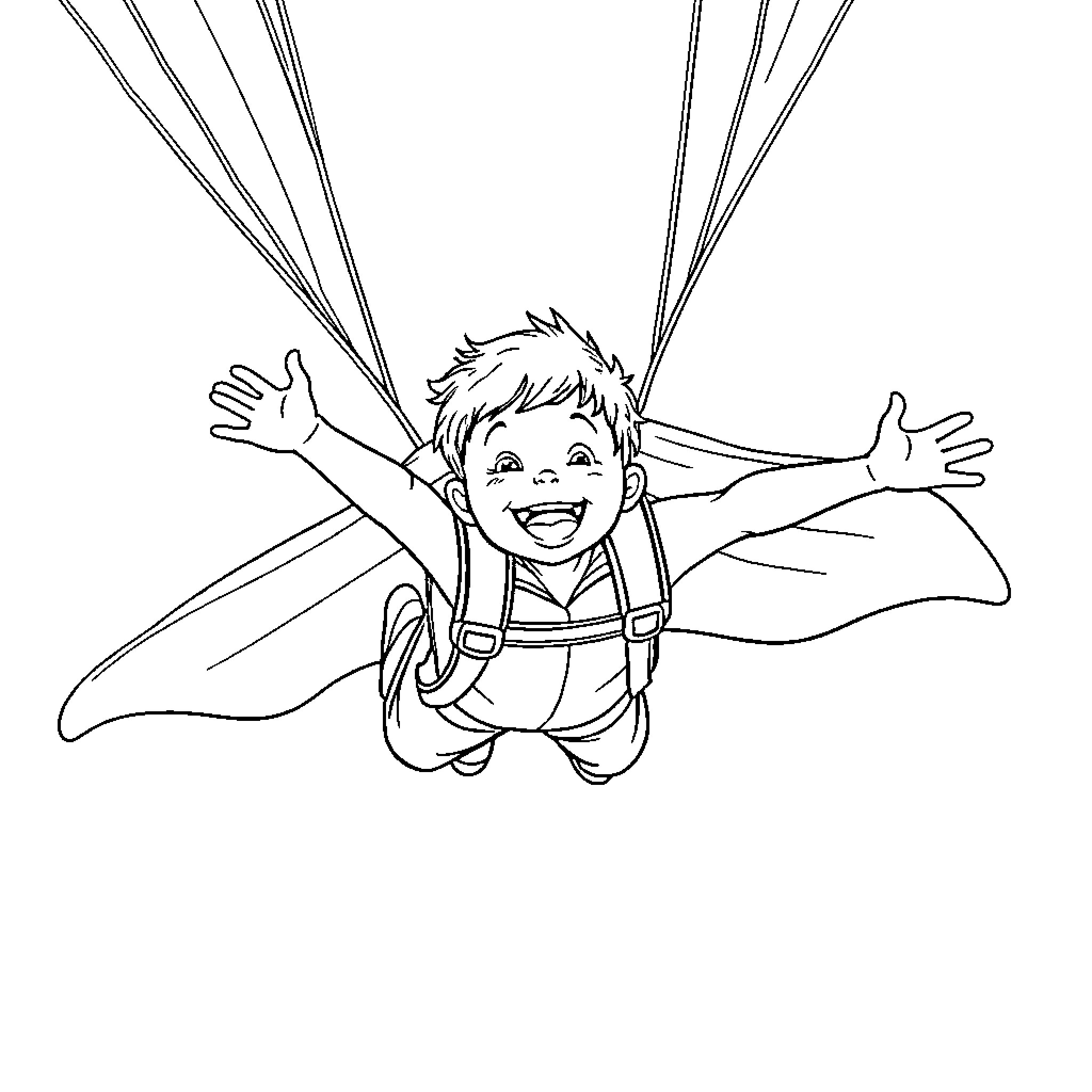 Boy happily skydiving in the air Coloring Page (free black-and-white line drawing printable PDF for all, from beginners to advanced learners, including children, teens, adults, and seniors)