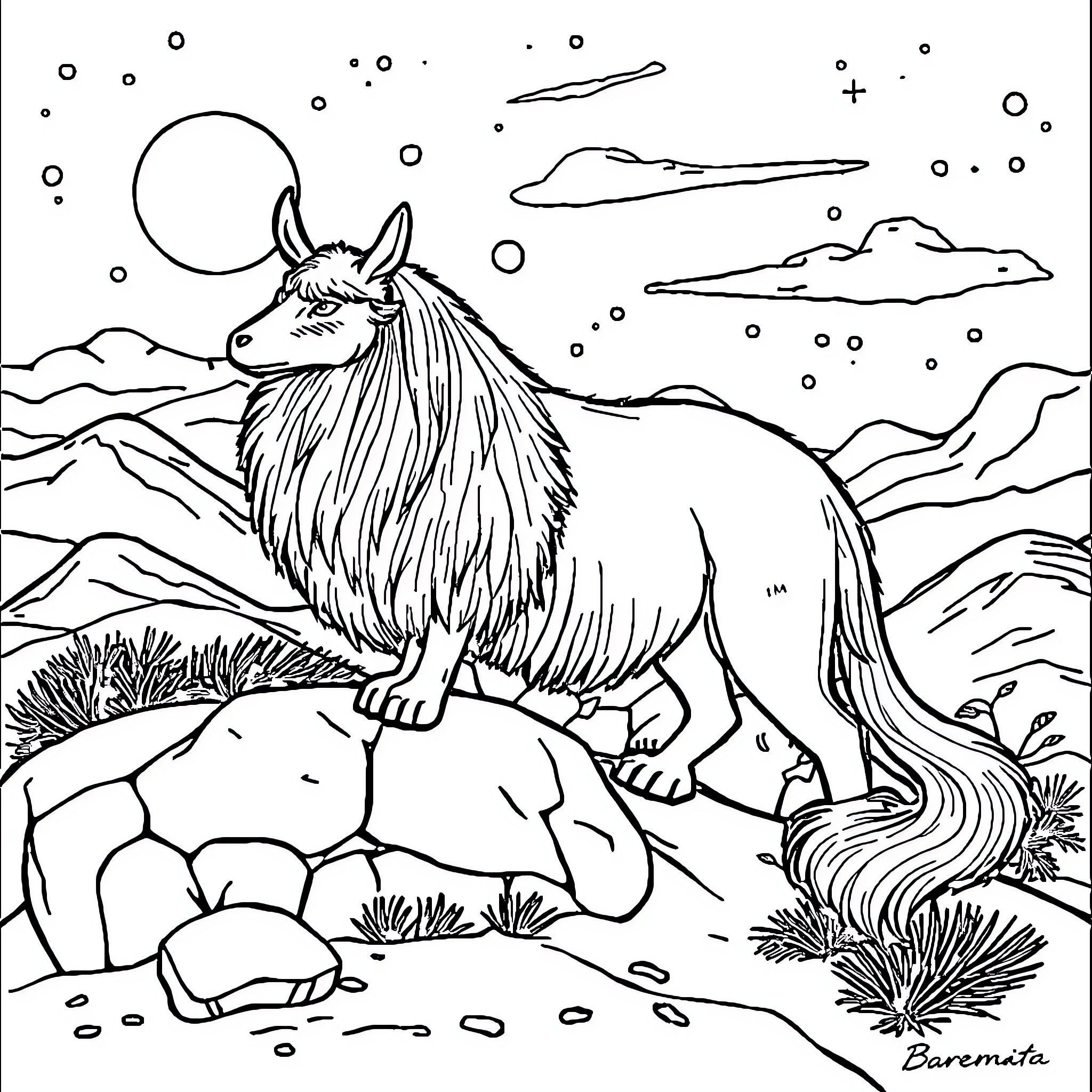 Maine Coon cat exploring mountainous landscape Coloring Page (free black-and-white line drawing printable PDF for all, from beginners to advanced learners, including children, teens, adults, and seniors)