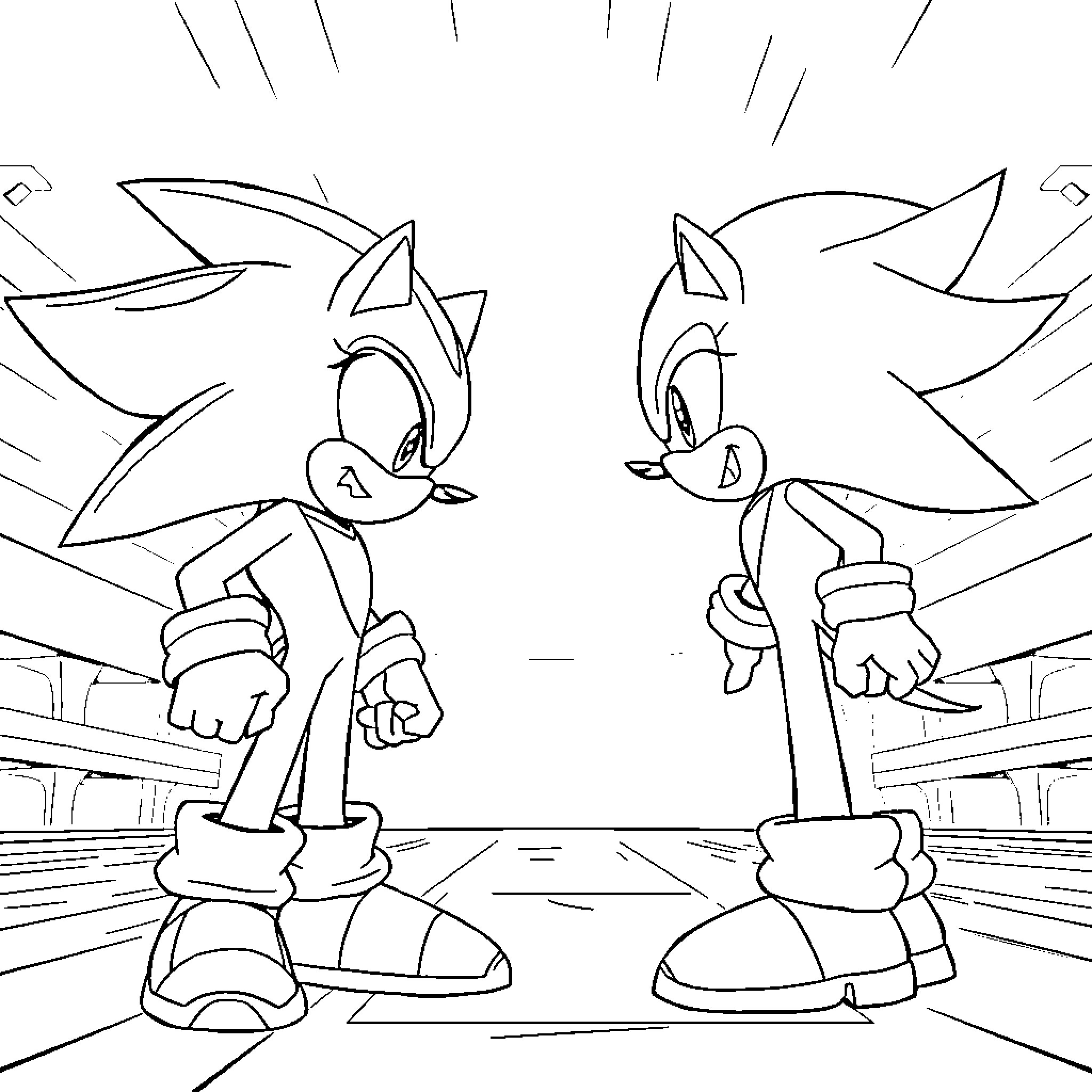 Sonic characters in action pose Coloring Page (free black-and-white line drawing printable PDF for all, from beginners to advanced learners, including children, teens, adults, and seniors)