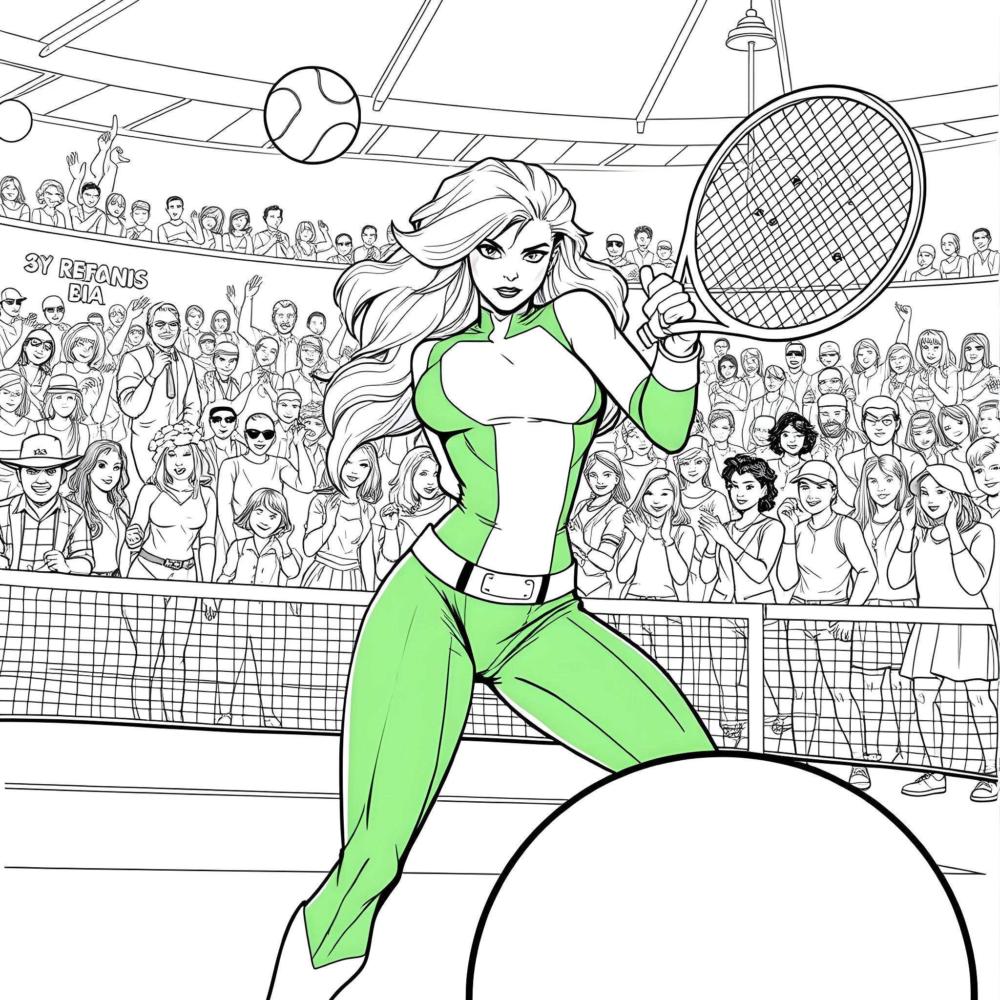 Rogue Tennis Player's Triumphant Moment Coloring Page (free black-and-white line drawing printable PDF for all, from beginners to advanced learners, including children, teens, adults, and seniors)