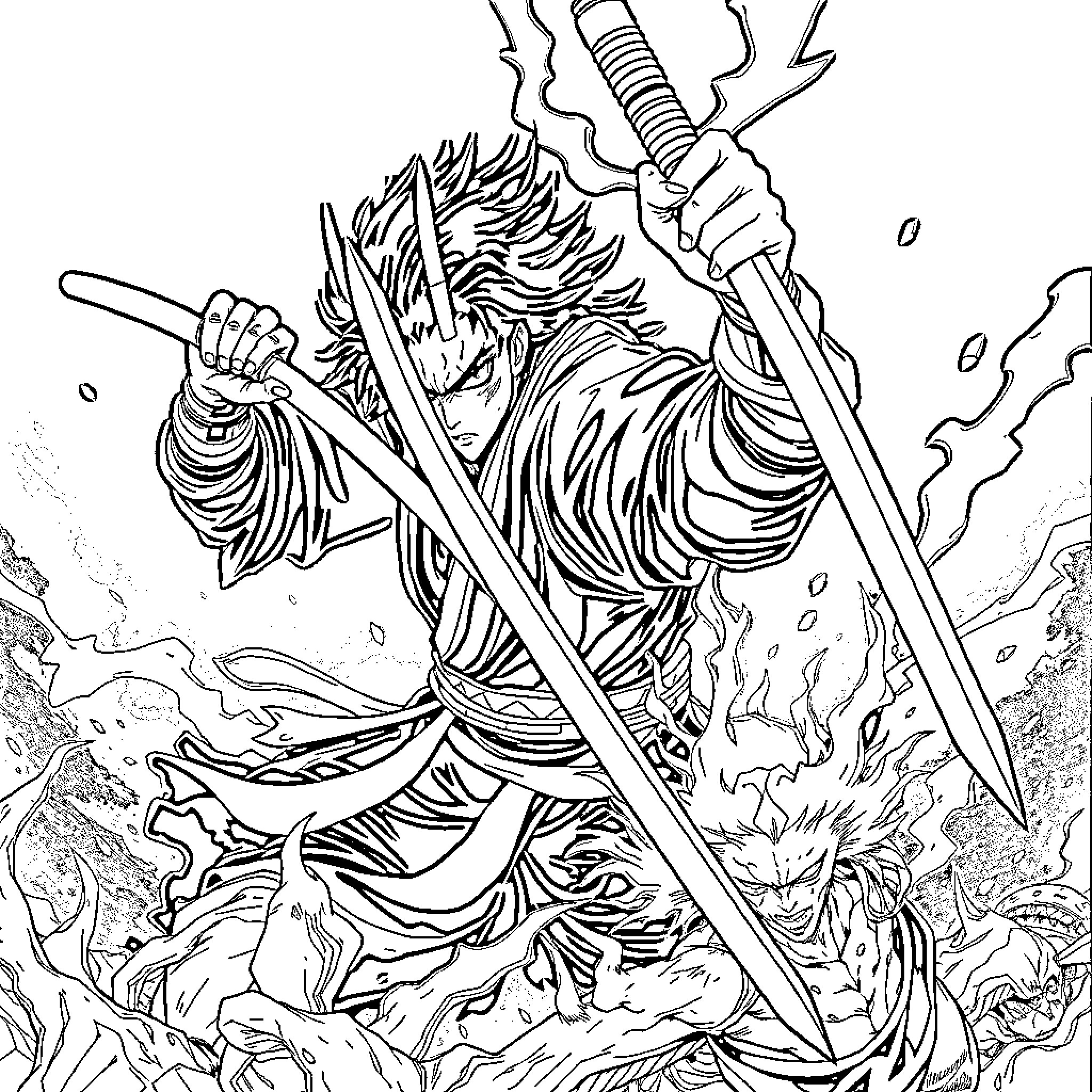 Tanjiro Embraces the Fury of Battle Coloring Page (free black-and-white line drawing printable PDF for all, from beginners to advanced learners, including children, teens, adults, and seniors)