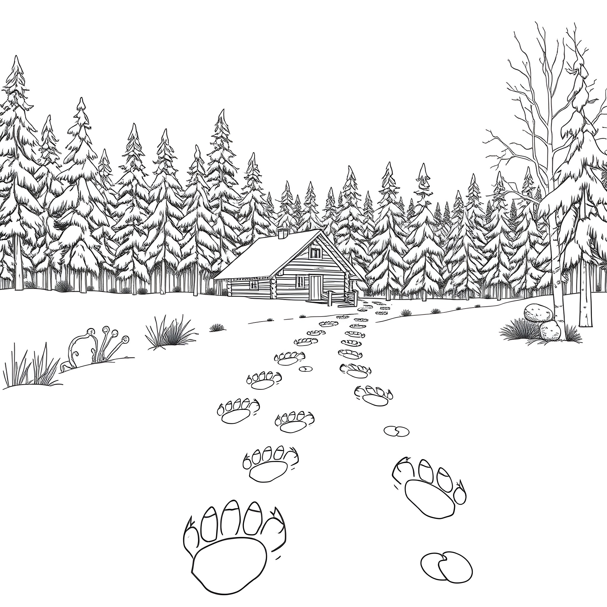 Wendigo stalking through the snowy forest Coloring Page (free black-and-white line drawing printable PDF for all, from beginners to advanced learners, including children, teens, adults, and seniors)