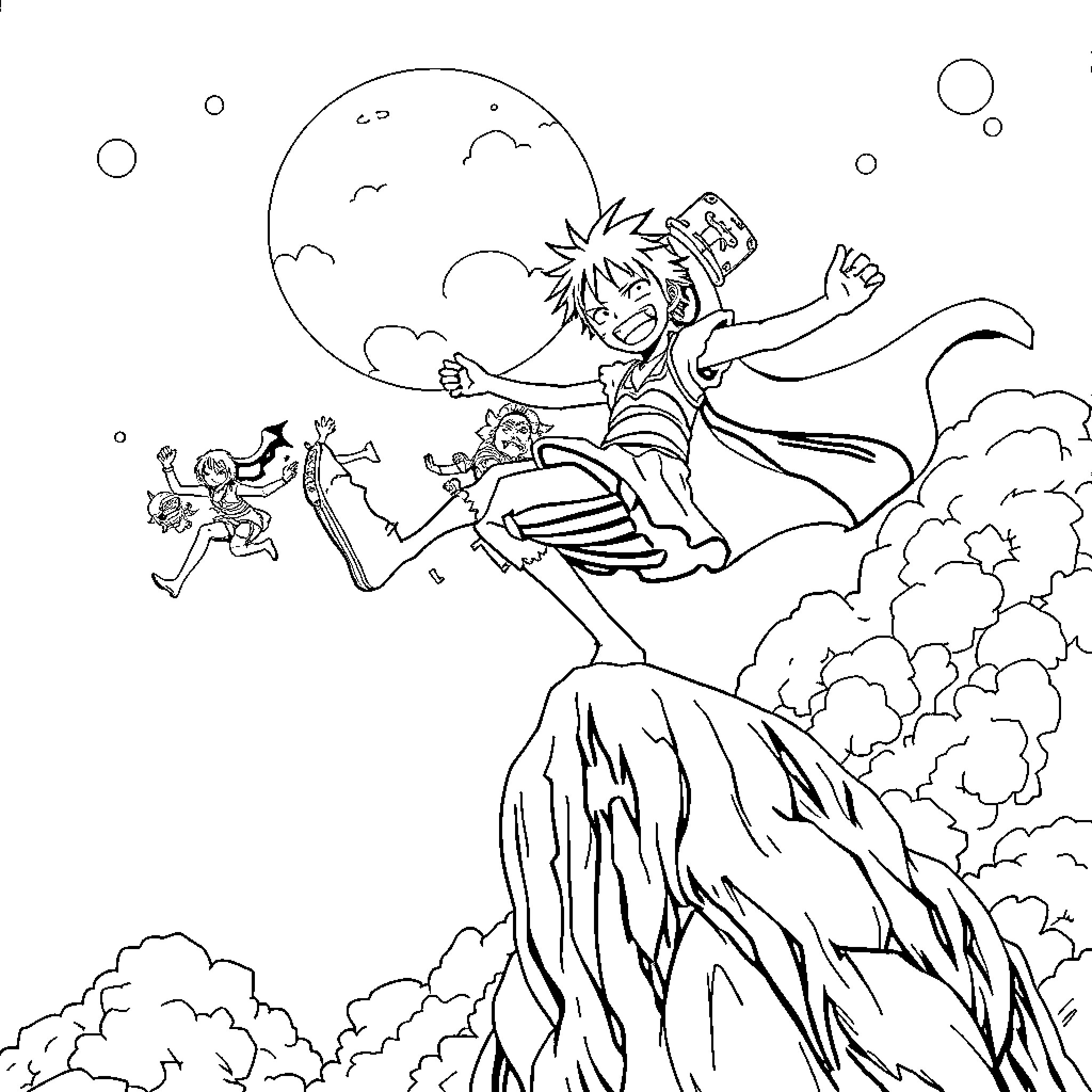 One Piece: Luffy's Adventure in the Clouds Coloring Page (free black-and-white line drawing printable PDF for all, from beginners to advanced learners, including children, teens, adults, and seniors)