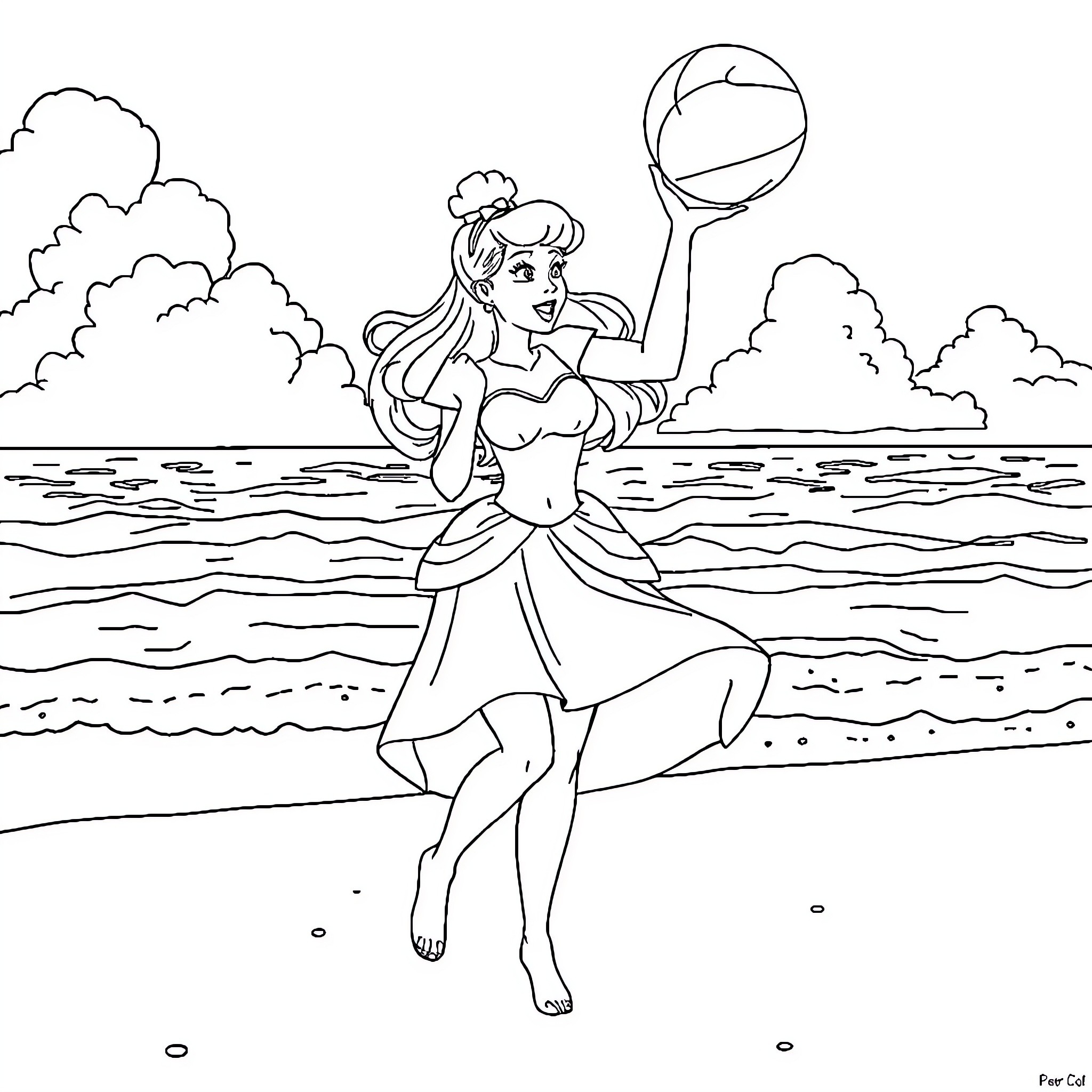 Cinderella playing with beach ball in the ocean Coloring Page (free black-and-white line drawing printable PDF for all, from beginners to advanced learners, including children, teens, adults, and seniors)