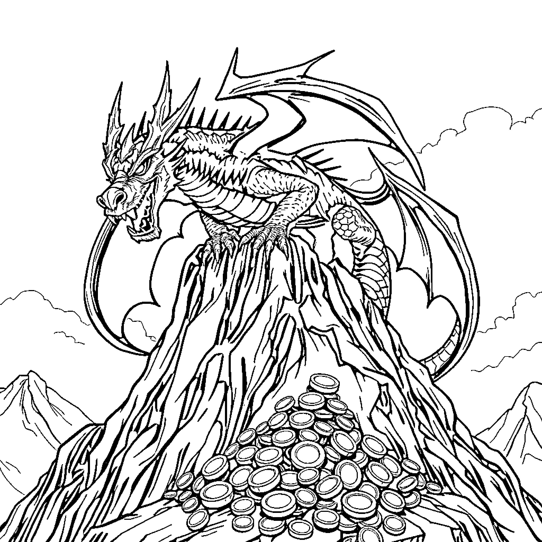 Dragon guarding a treasure hoard in the mountains Coloring Page (free black-and-white line drawing printable PDF for all, from beginners to advanced learners, including children, teens, adults, and seniors)