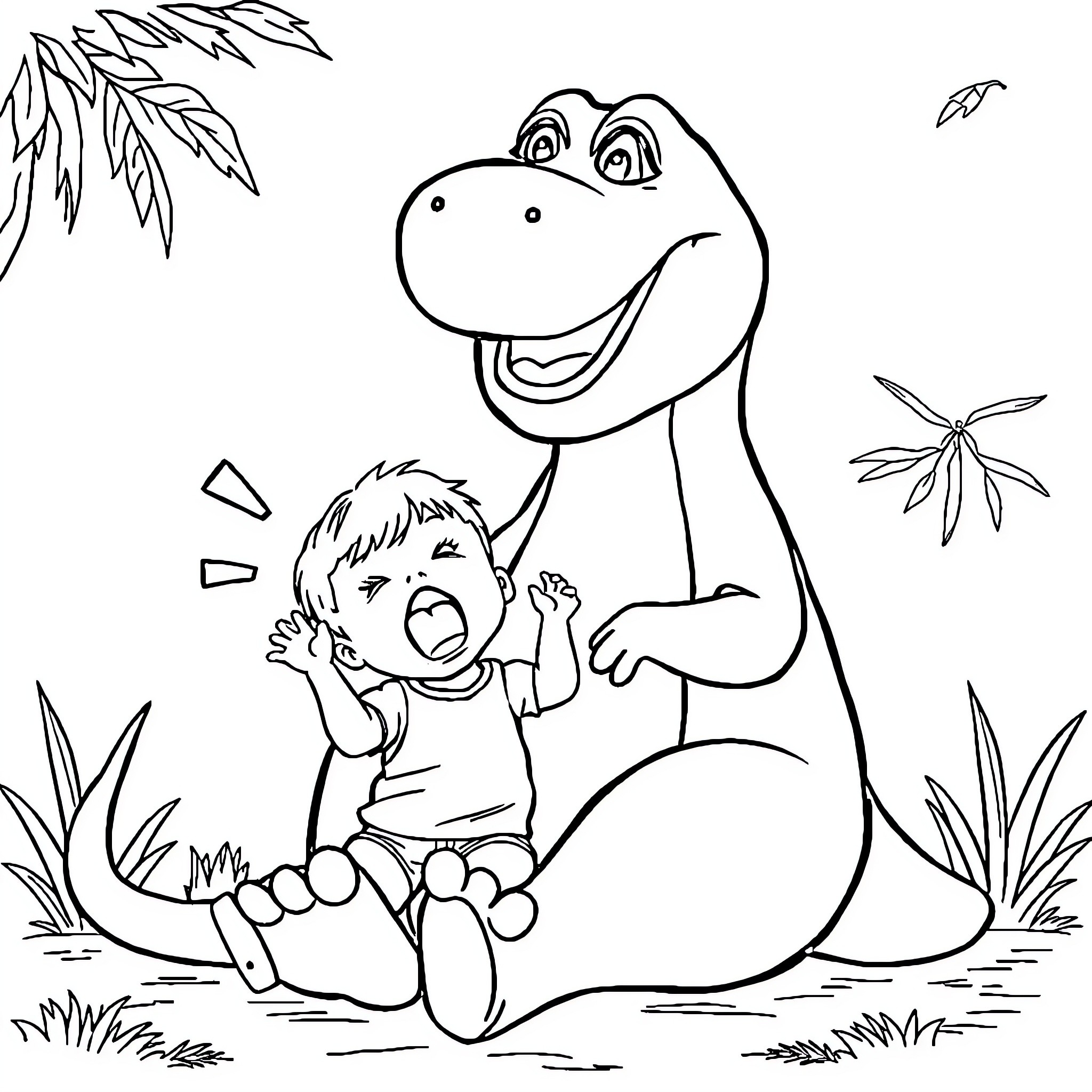 Barney comforting a happy child in nature Coloring Page (free black-and-white line drawing printable PDF for all, from beginners to advanced learners, including children, teens, adults, and seniors)