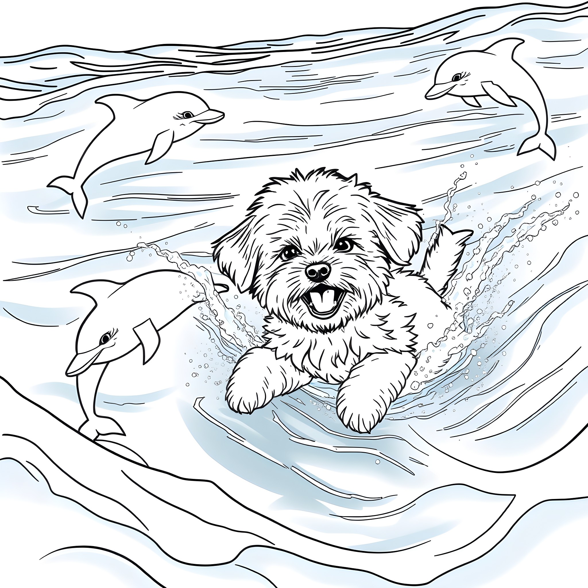 Maltipoo playing in the ocean with dolphins Coloring Page (free black-and-white line drawing printable PDF for all, from beginners to advanced learners, including children, teens, adults, and seniors)