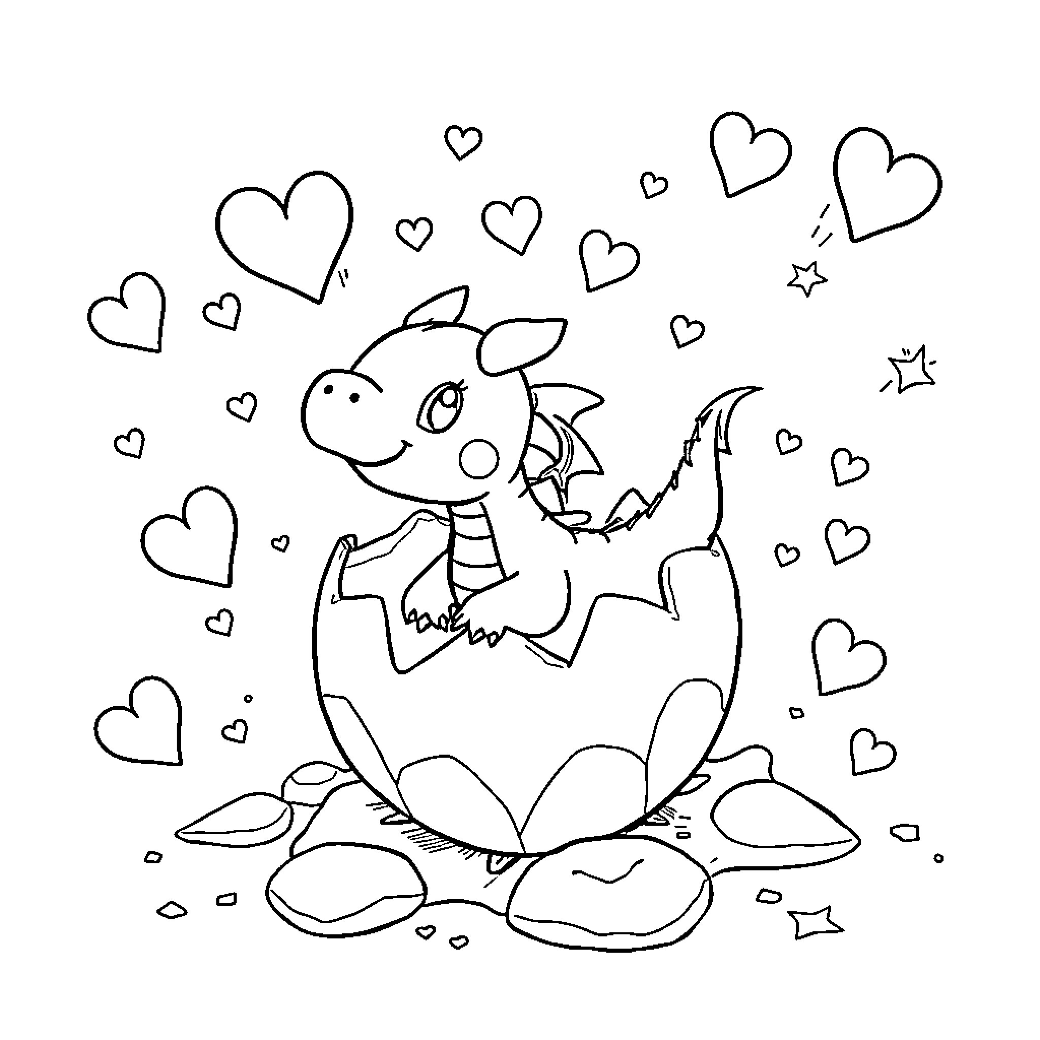 Dragon hatchling hatching from egg surrounded by hearts Coloring Page (free black-and-white line drawing printable PDF for all, from beginners to advanced learners, including children, teens, adults, and seniors)