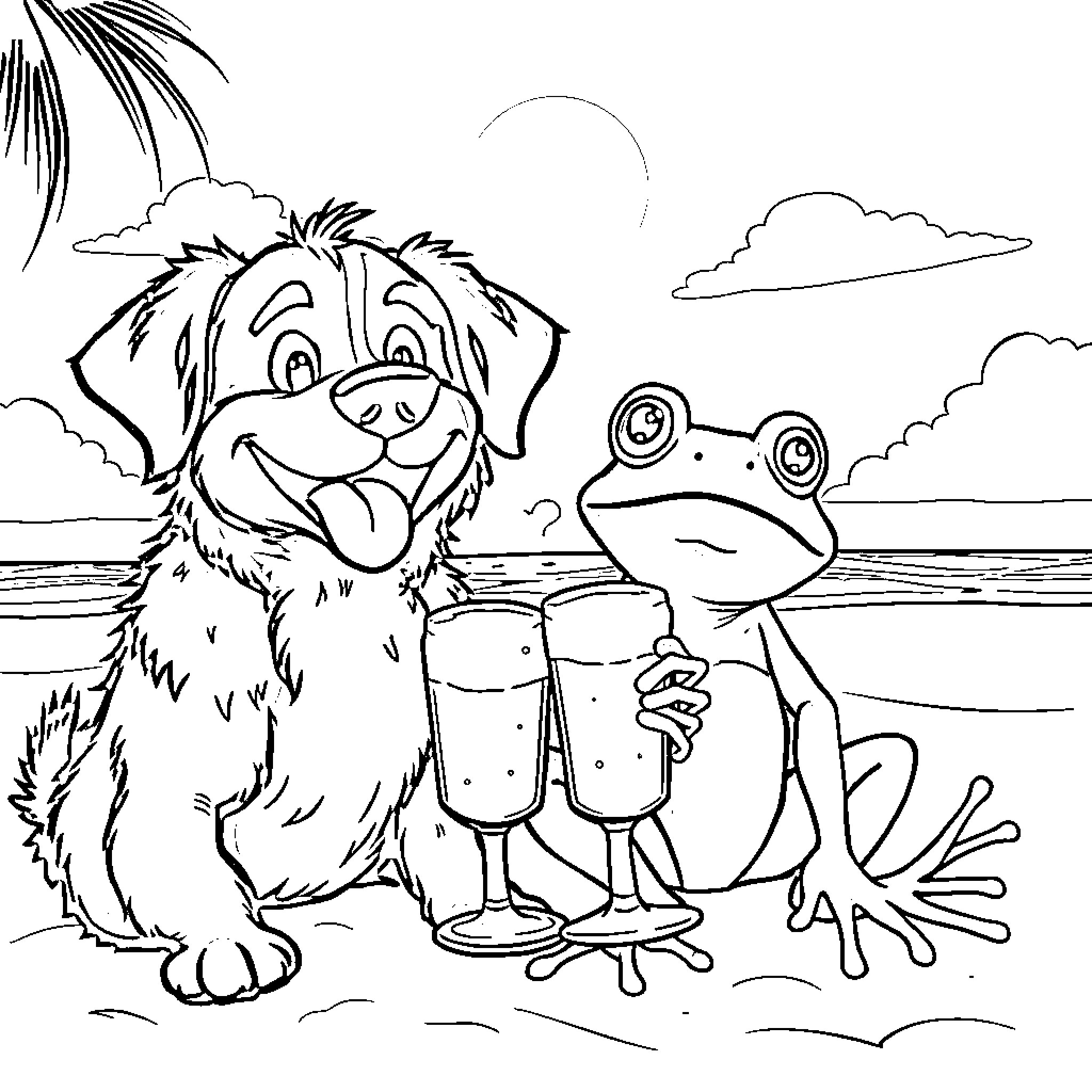 Dog and Frog Enjoying a Day at the Beach Coloring Page (free black-and-white line drawing printable PDF for all, from beginners to advanced learners, including children, teens, adults, and seniors)