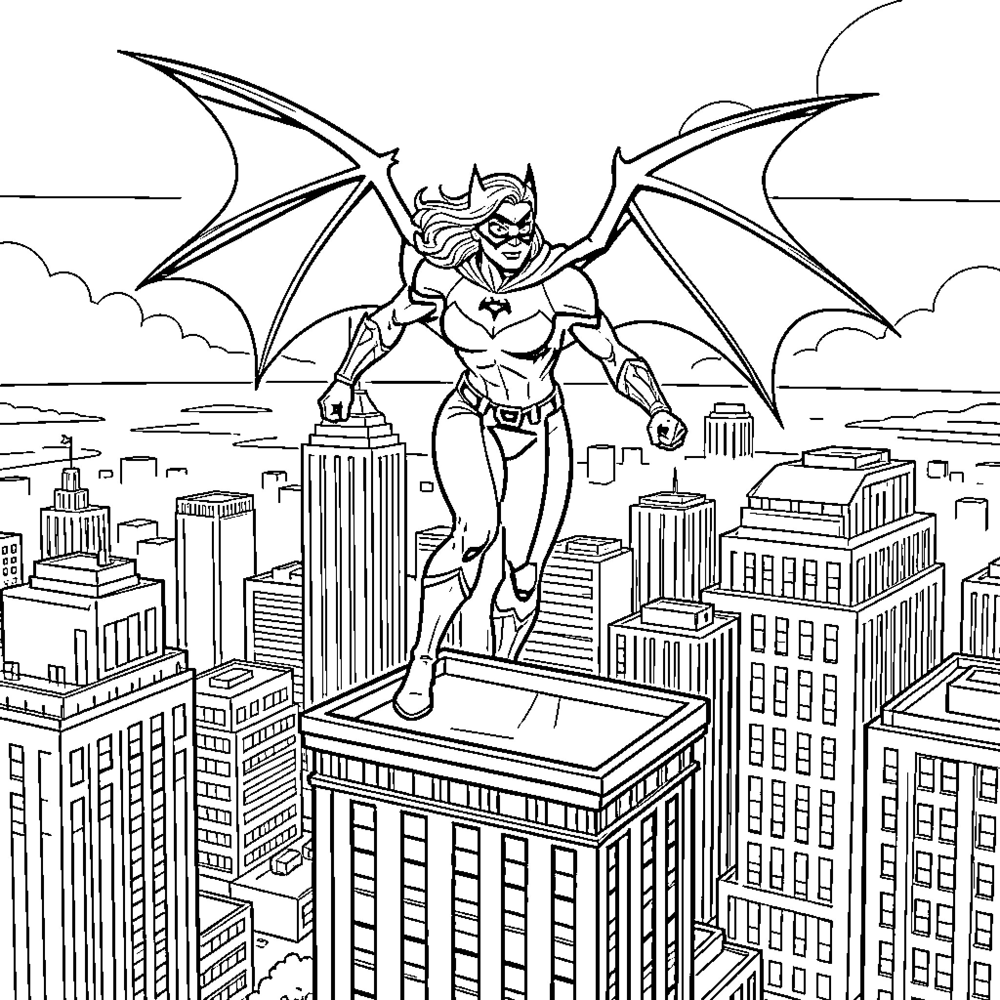 Batwoman soaring over the city skyline Coloring Page (free black-and-white line drawing printable PDF for all, from beginners to advanced learners, including children, teens, adults, and seniors)