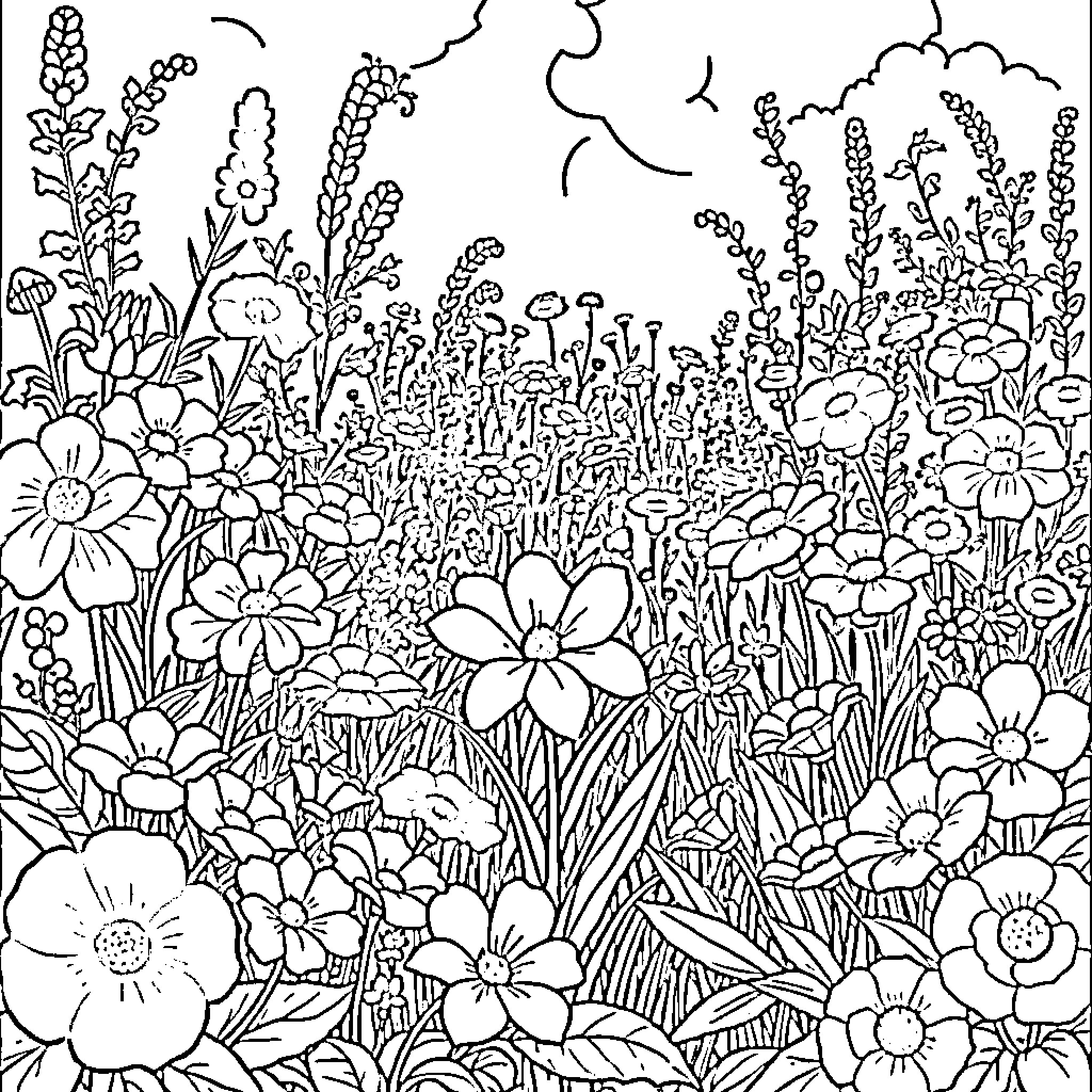 Monet's Vibrant Flower Garden Coloring Page (free black-and-white line drawing printable PDF for all, from beginners to advanced learners, including children, teens, adults, and seniors)