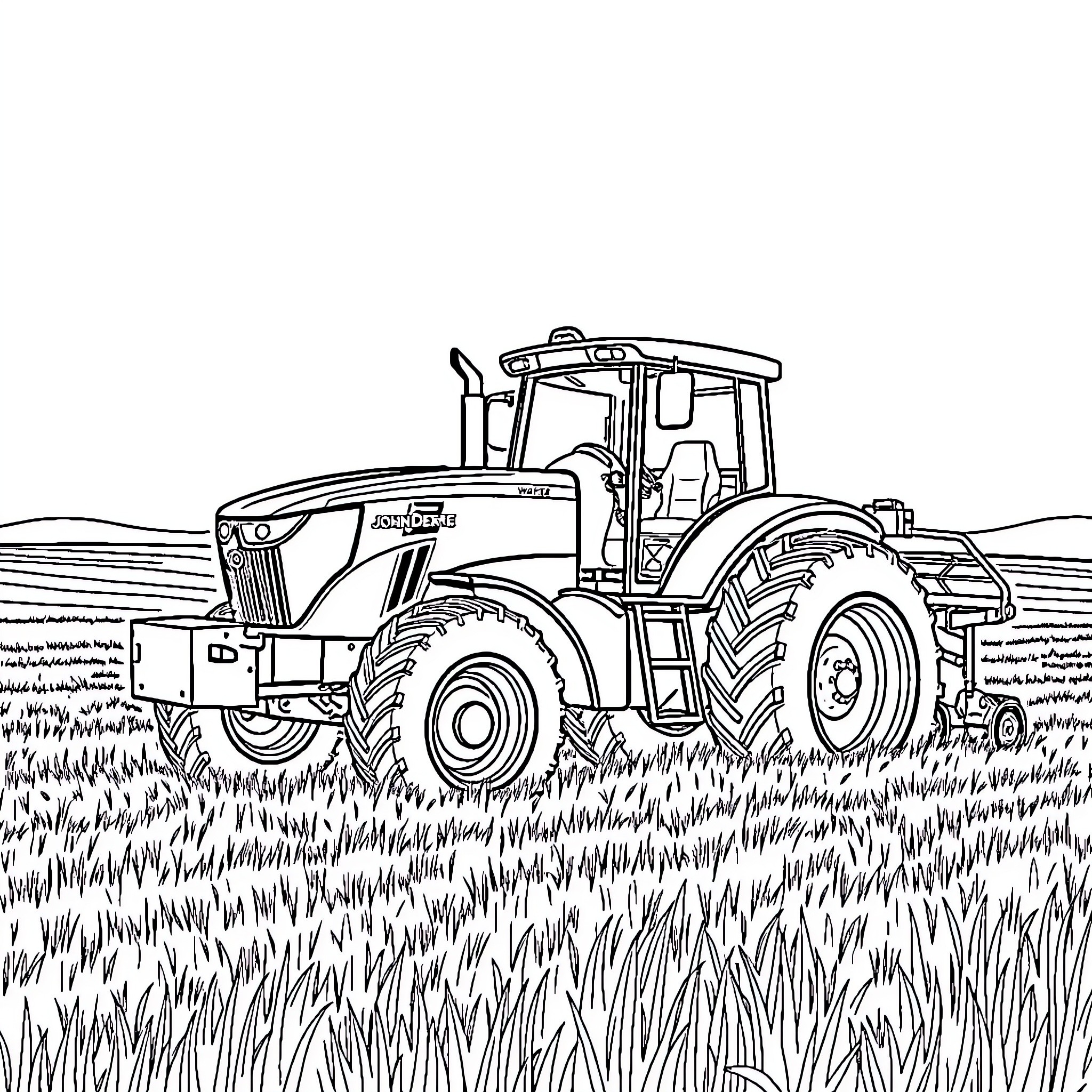 Tractor working diligently in the agricultural field Coloring Page (free black-and-white line drawing printable PDF for all, from beginners to advanced learners, including children, teens, adults, and seniors)