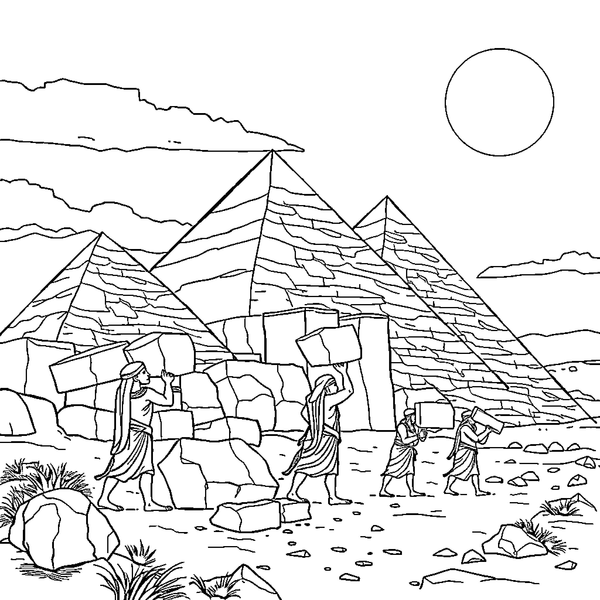 Egyptian Pyramids and Figures in Desert Landscape Coloring Page (free black-and-white line drawing printable PDF for all, from beginners to advanced learners, including children, teens, adults, and seniors)