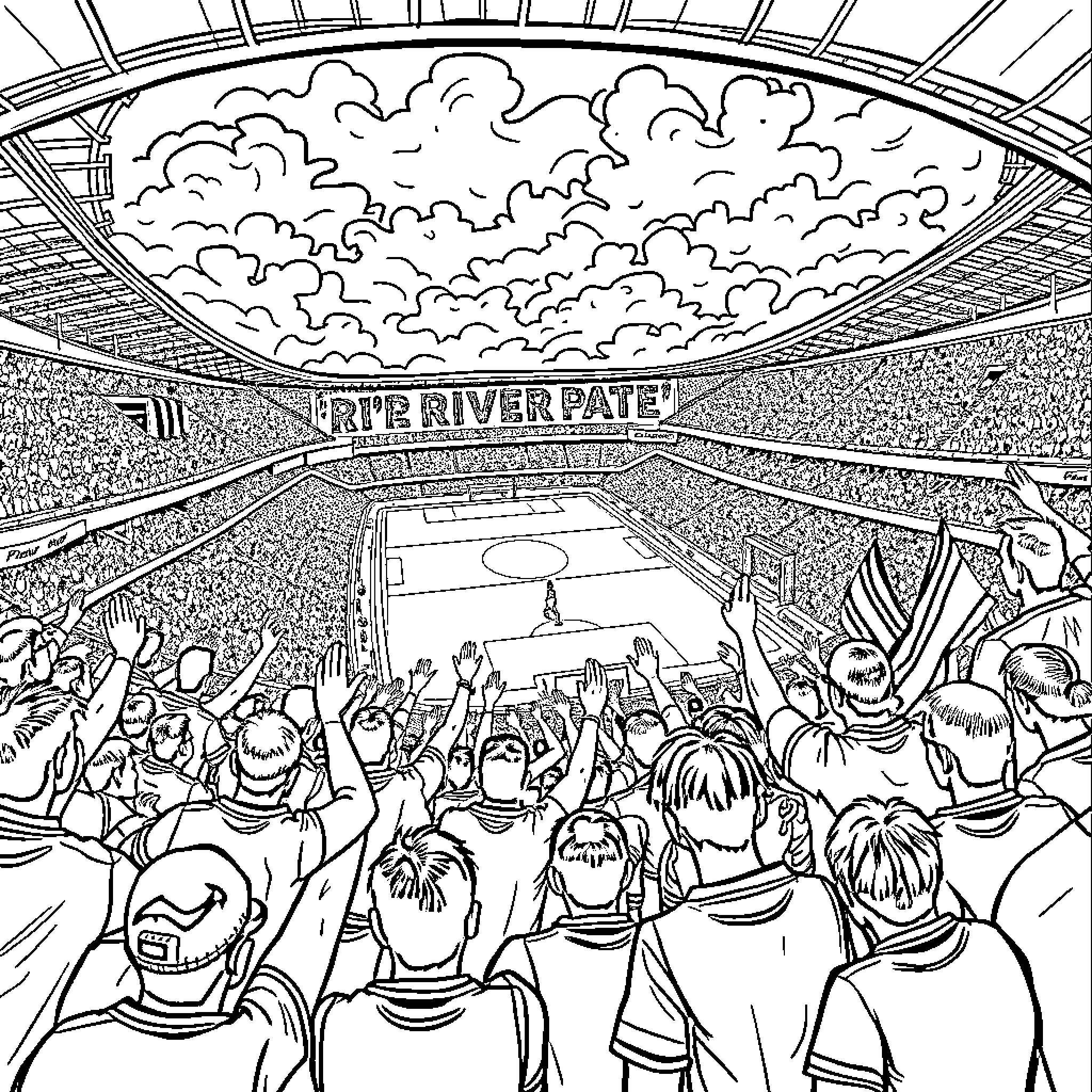 River Plate Stadium Filled with Cheering Fans Coloring Page (free black-and-white line drawing printable PDF for all, from beginners to advanced learners, including children, teens, adults, and seniors)