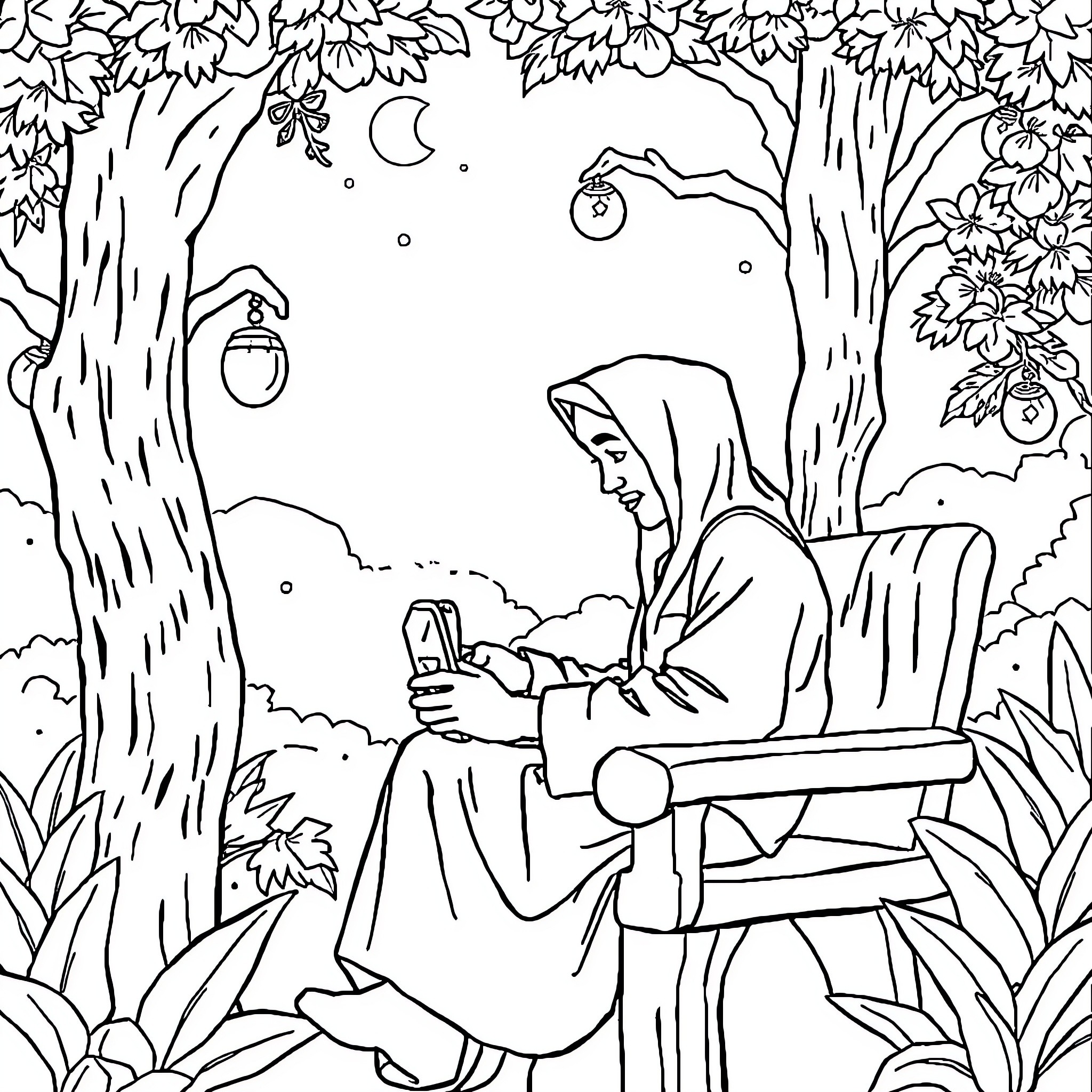 Pemuda using smartphone in serene forest setting Coloring Page (free black-and-white line drawing printable PDF for all, from beginners to advanced learners, including children, teens, adults, and seniors)