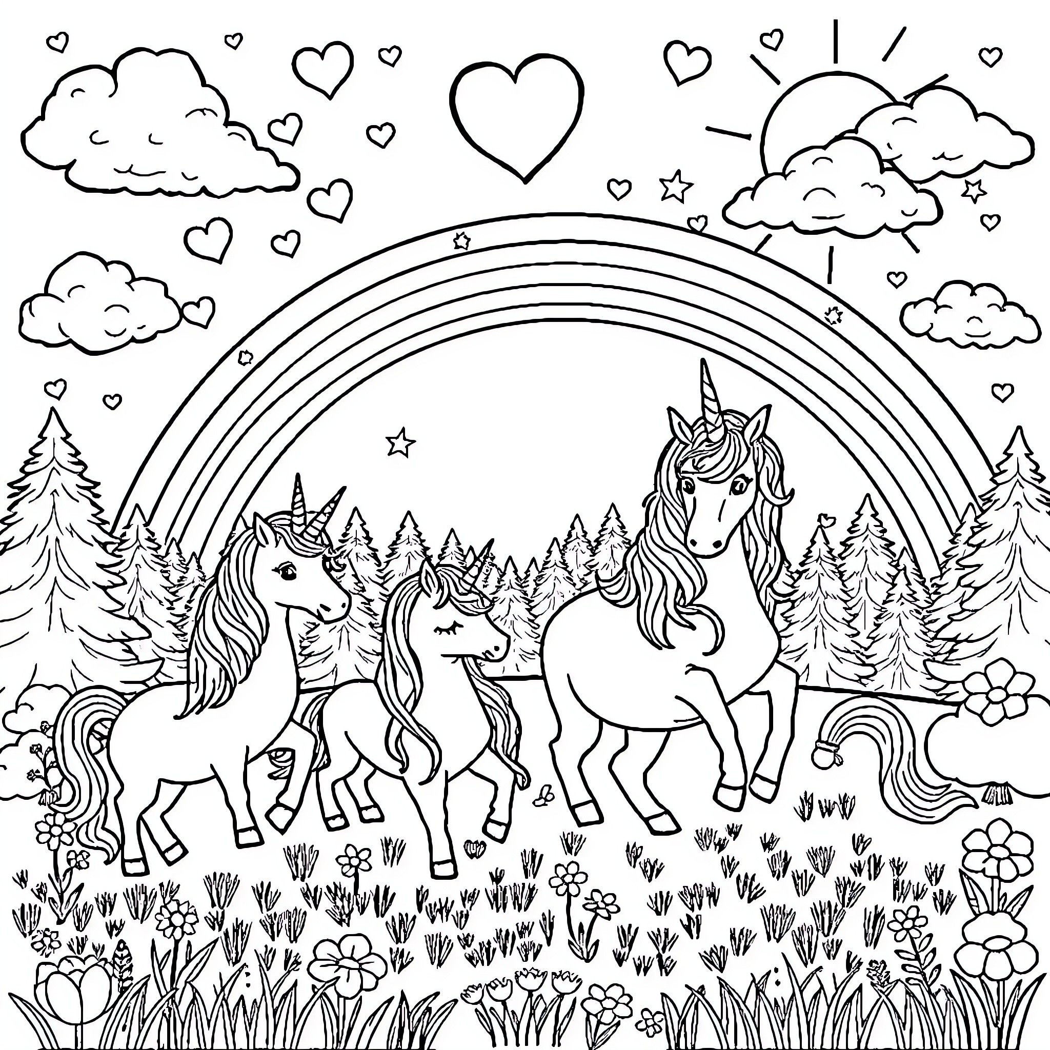Unicorn Herd Frolicking in Magical Forest Coloring Page (free black-and-white line drawing printable PDF for all, from beginners to advanced learners, including children, teens, adults, and seniors)