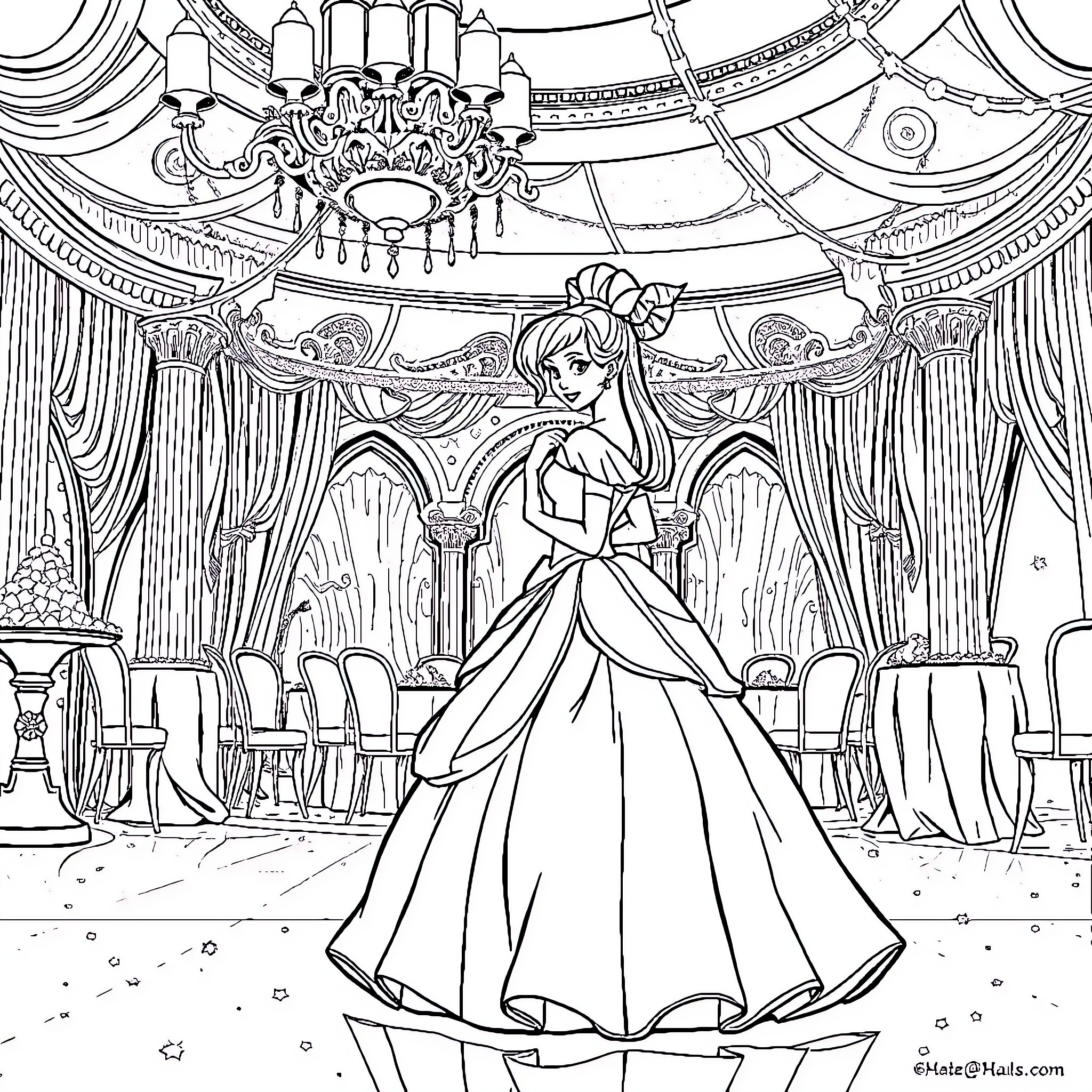 Cinderella in a grand ballroom setting Coloring Page (free black-and-white line drawing printable PDF for all, from beginners to advanced learners, including children, teens, adults, and seniors)