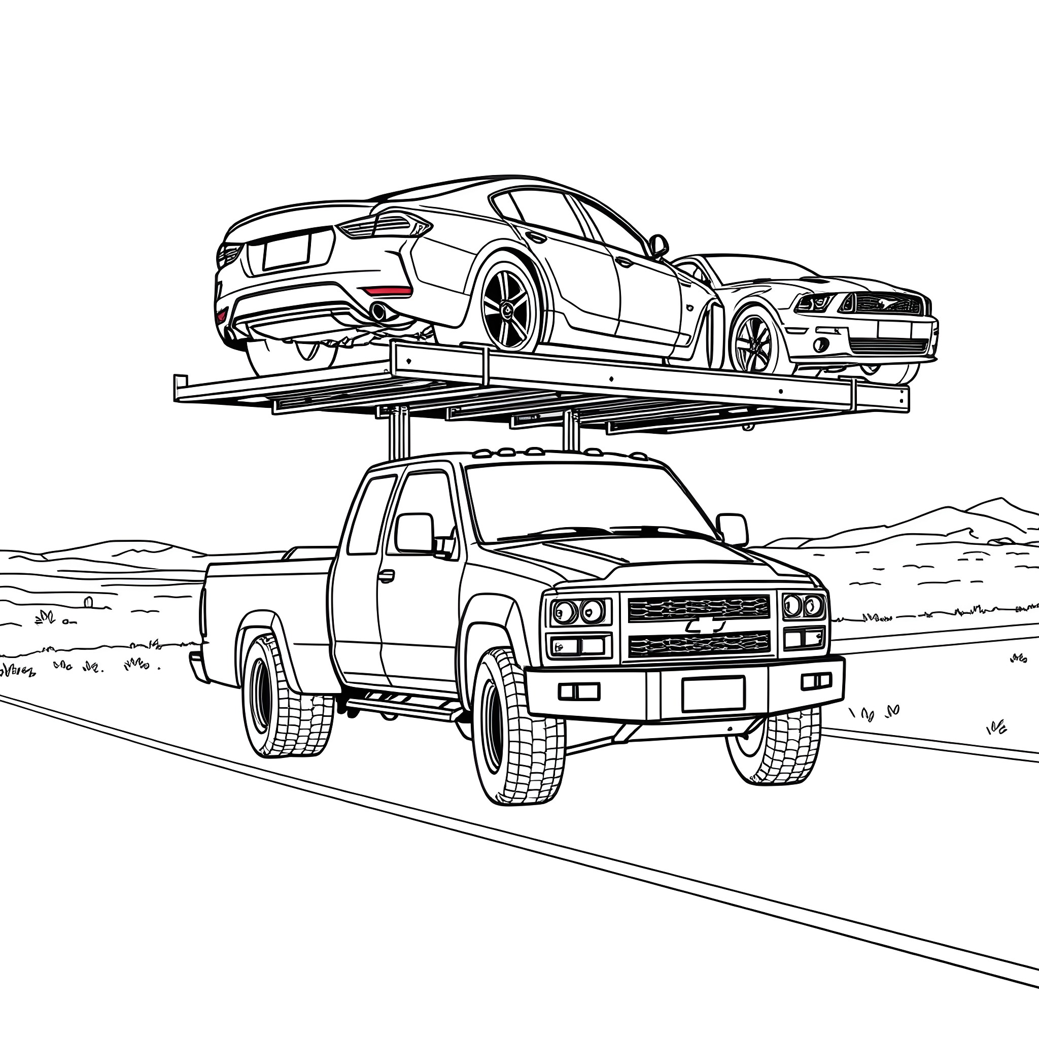 Car Hauler Transporting Sports Car on Rugged Terrain Coloring Page (free black-and-white line drawing printable PDF for all, from beginners to advanced learners, including children, teens, adults, and seniors)
