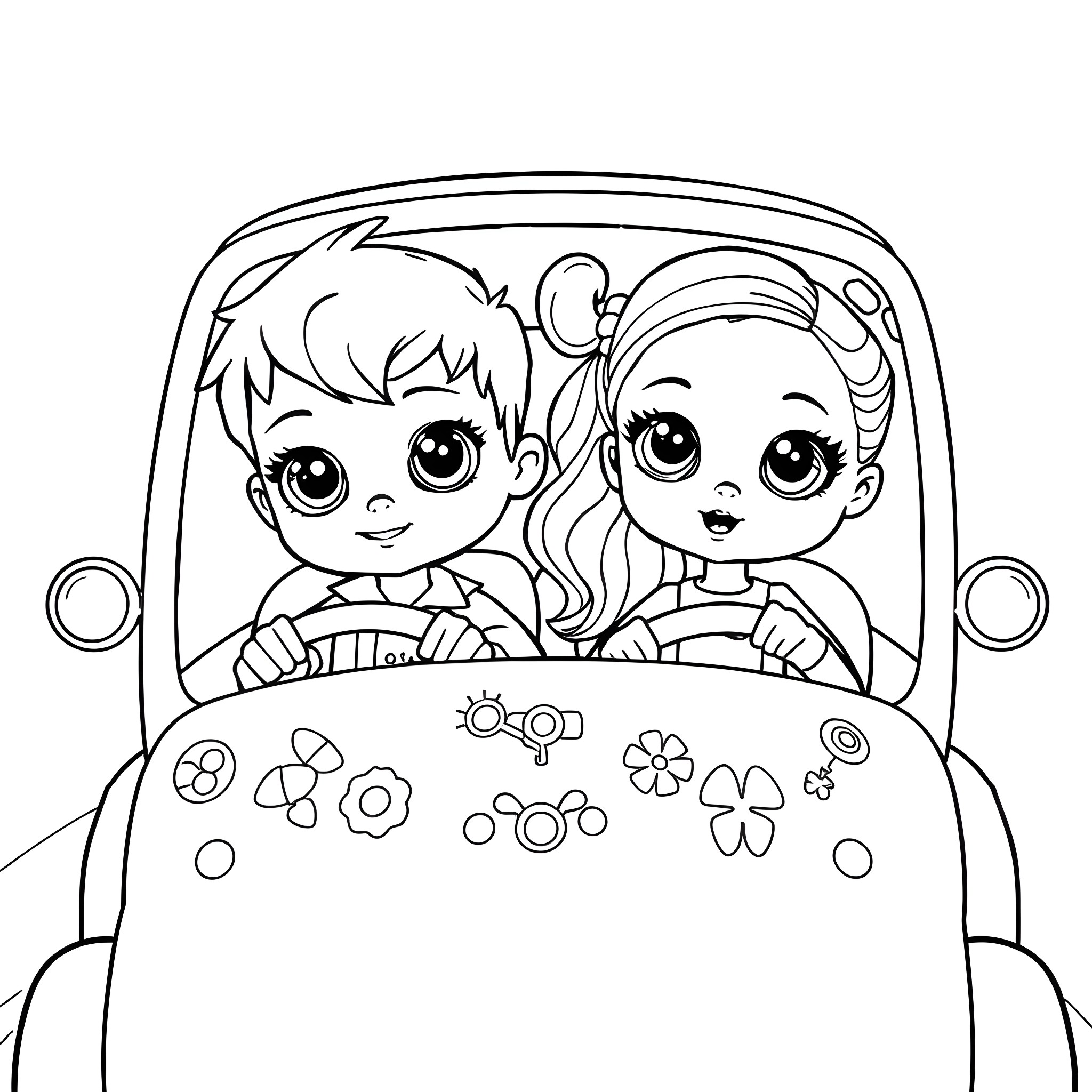 Doll couple riding in a flower-decorated car Coloring Page (free black-and-white line drawing printable PDF for all, from beginners to advanced learners, including children, teens, adults, and seniors)