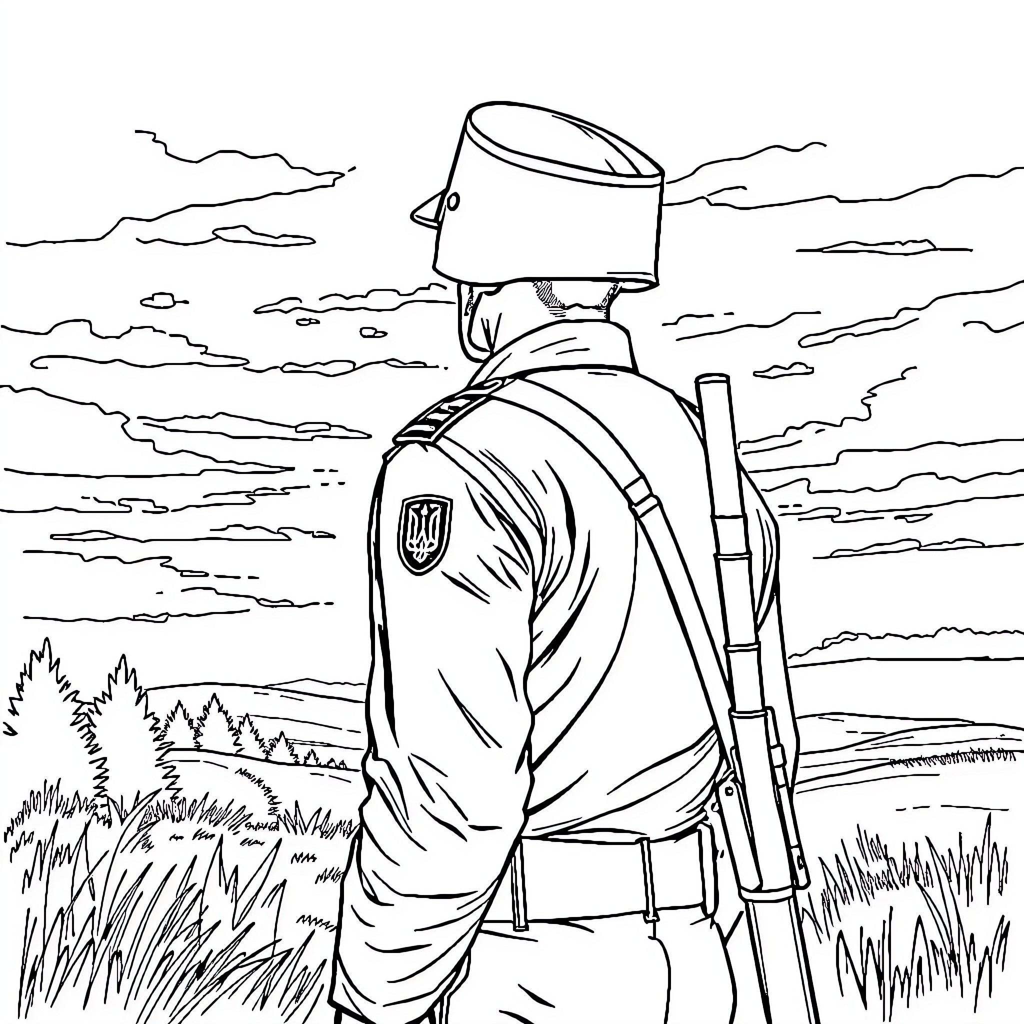 Soldier overlooking a scenic landscape Coloring Page (free black-and-white line drawing printable PDF for all, from beginners to advanced learners, including children, teens, adults, and seniors)