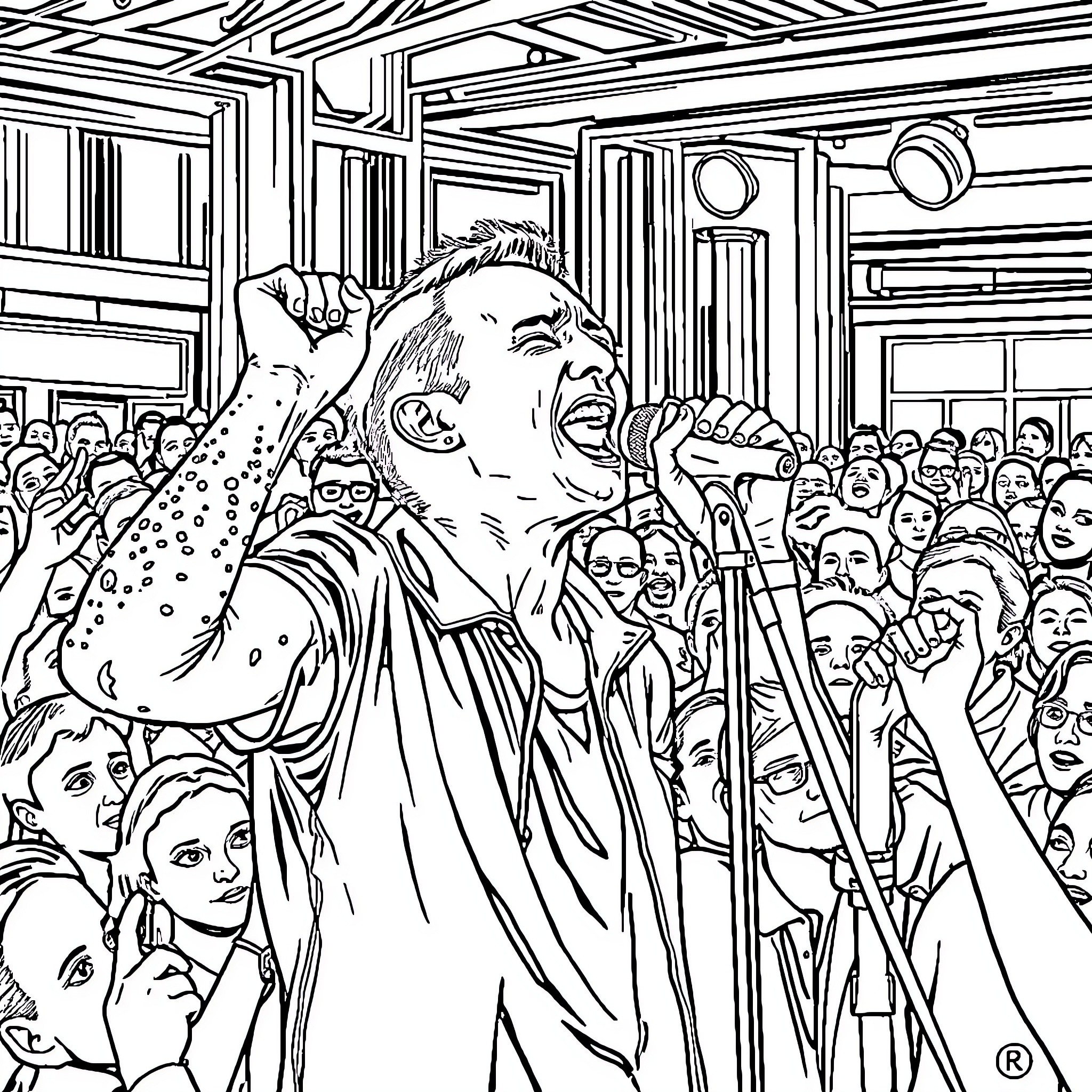 Chester Bennington Captivating the Crowd with Electrifying Performance Coloring Page (free black-and-white line drawing printable PDF for all, from beginners to advanced learners, including children, teens, adults, and seniors)