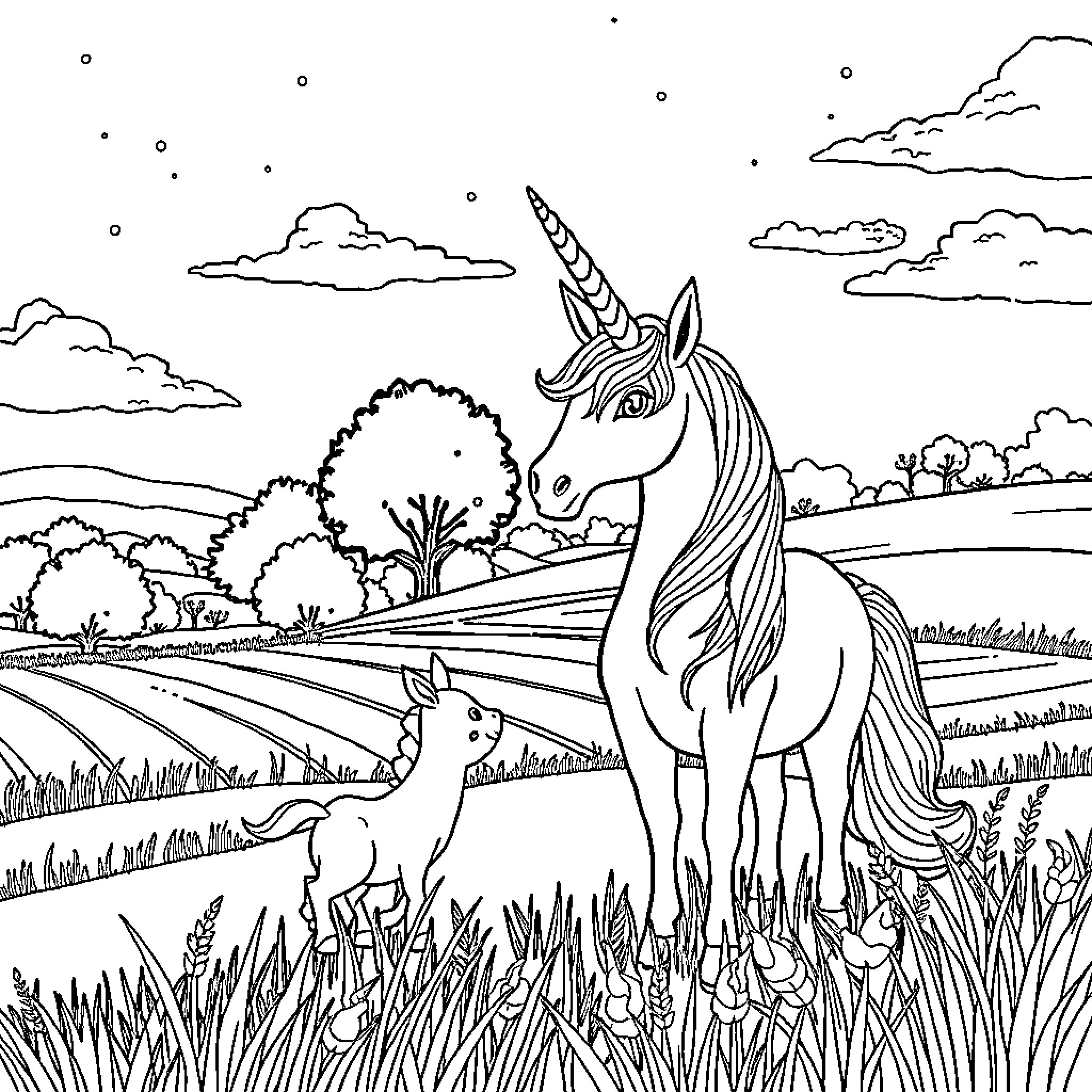 Unicorn and Fawn Roaming Through the Countryside Coloring Page (free black-and-white line drawing printable PDF for all, from beginners to advanced learners, including children, teens, adults, and seniors)
