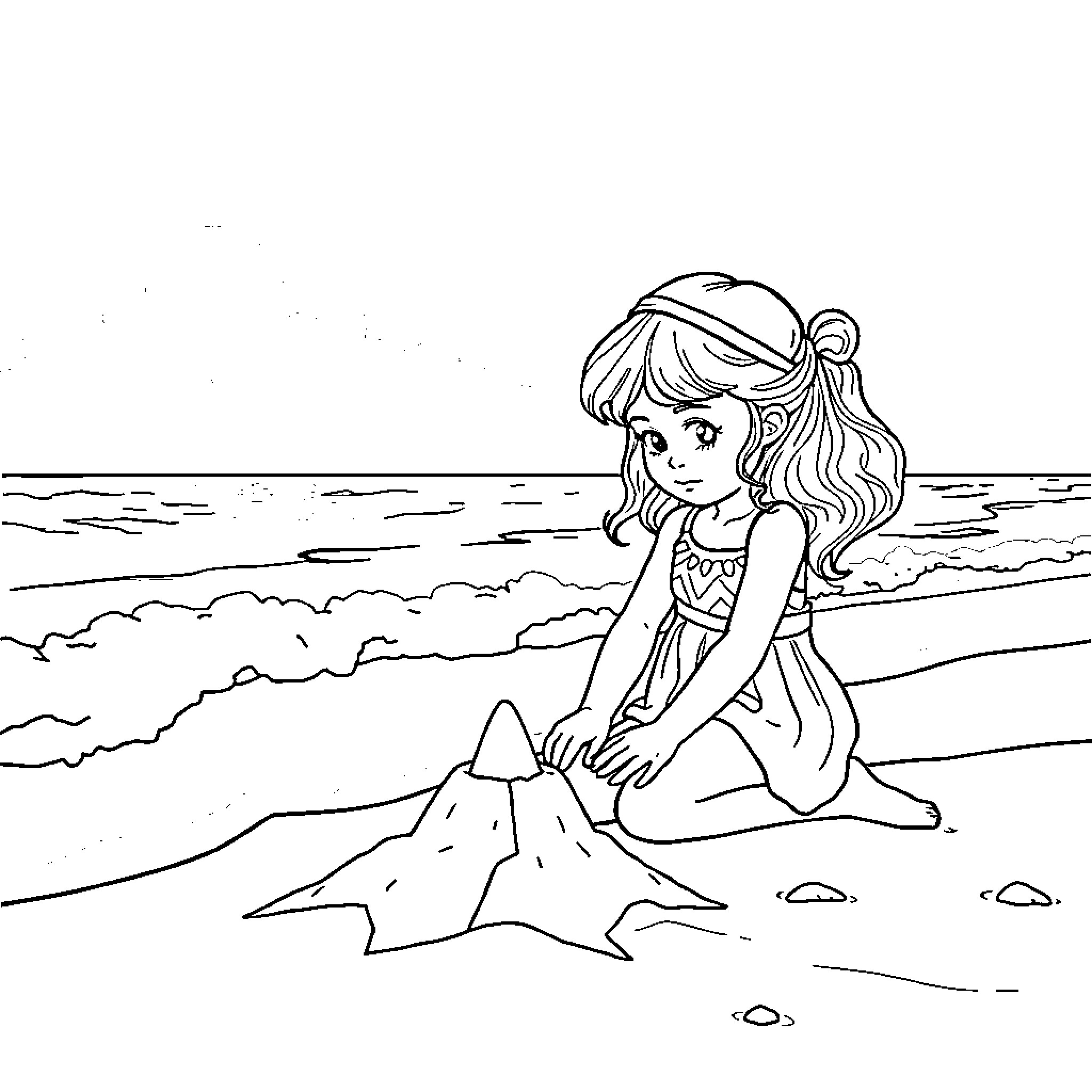 Girl playing with starfish on the beach Coloring Page (free black-and-white line drawing printable PDF for all, from beginners to advanced learners, including children, teens, adults, and seniors)