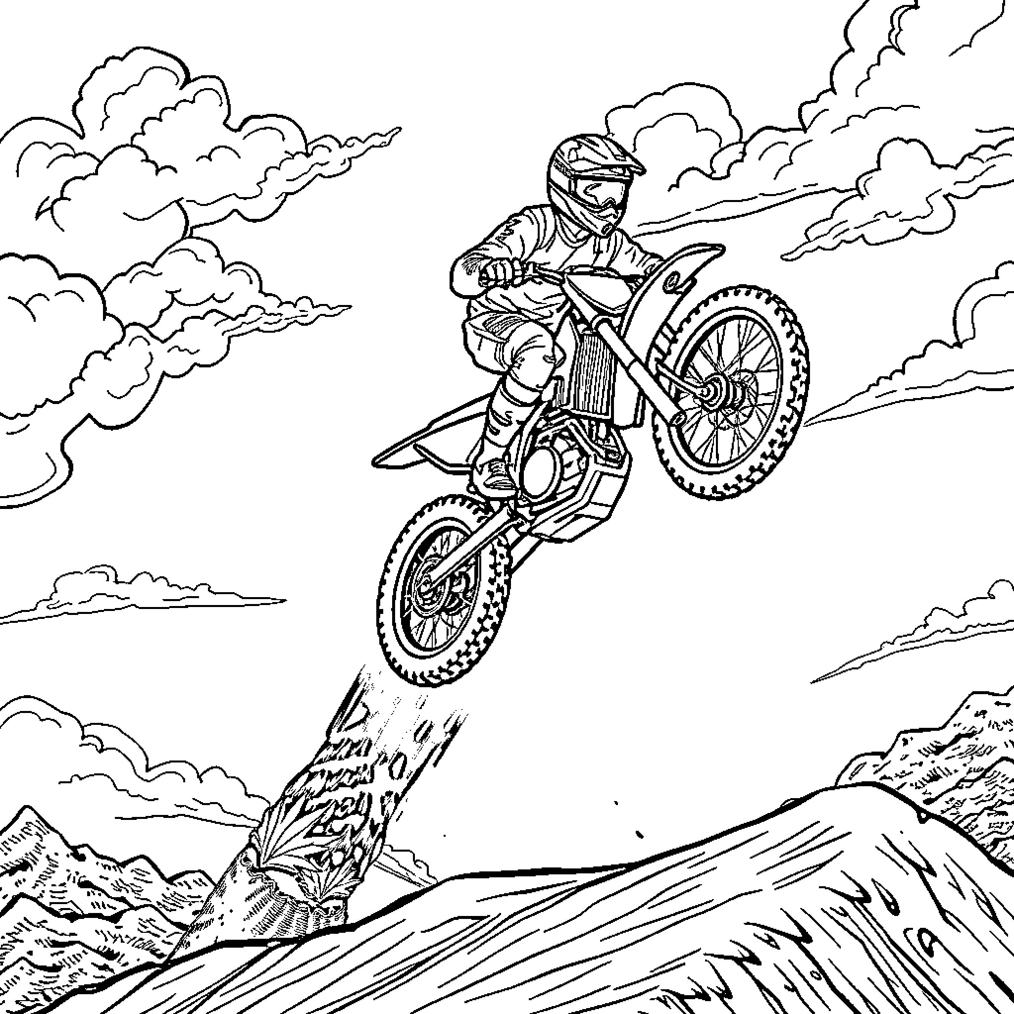 Dirtbike Rider Jumping Over Rugged Terrain Coloring Page (free black-and-white line drawing printable PDF for all, from beginners to advanced learners, including children, teens, adults, and seniors)
